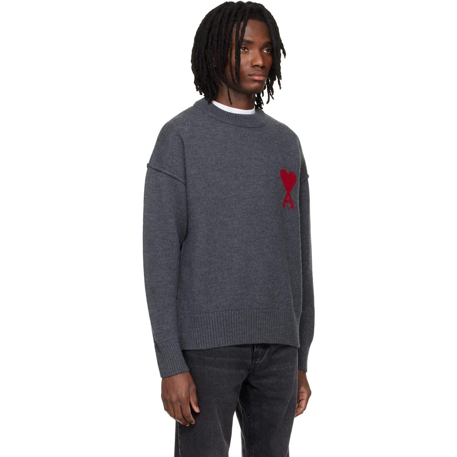  Ami Paris Gray Wool Contrasted Ami De Coeur Crewneck Sweater 