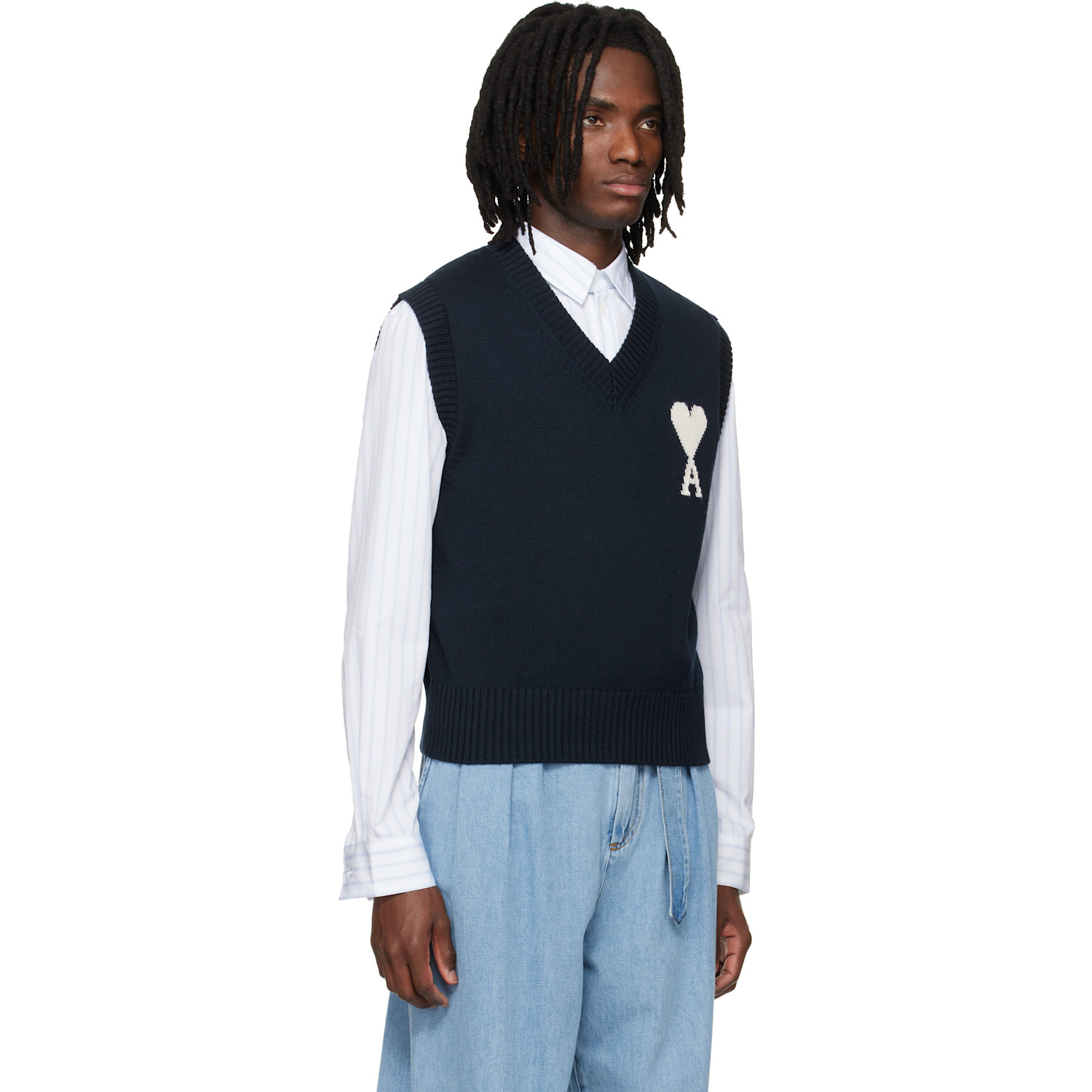  Ami Paris Navy Wool Cotton Sleeveless Ami De Coeur Sweater 
