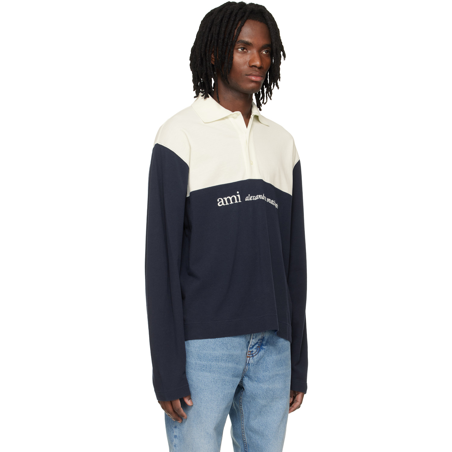  Ami Paris Off White & Navy Embroidery Boxy Fit Polo 