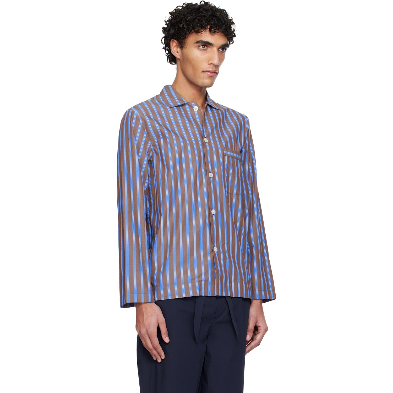  Tekla Brown & Blue Poplin Long-sleeved Pyjama Shirt 