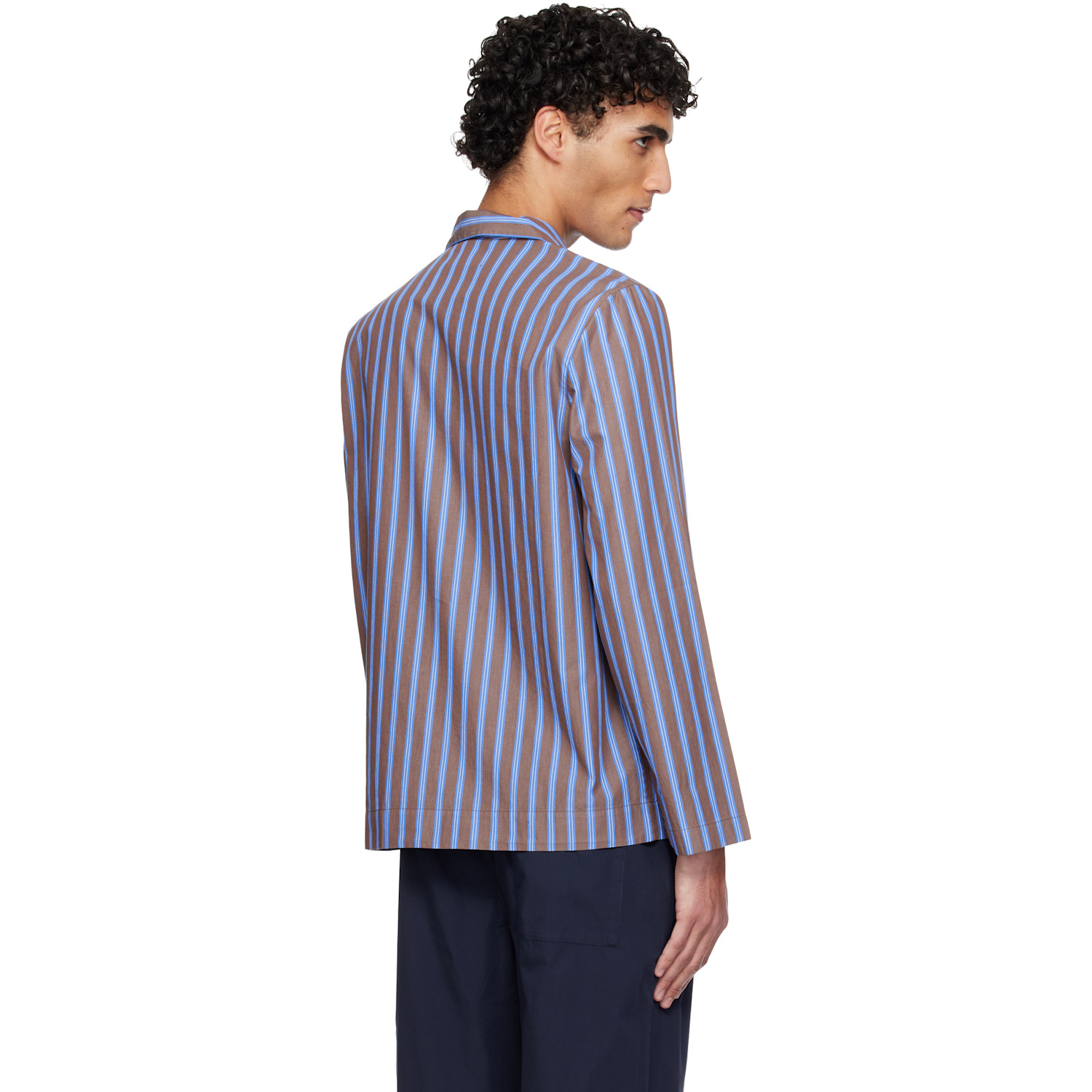  Tekla Brown & Blue Poplin Long-sleeved Pyjama Shirt 