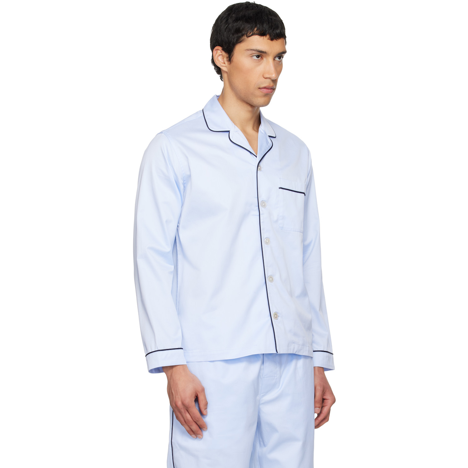  Tekla Blue Sateen Long-sleeved Pyjama Shirt 