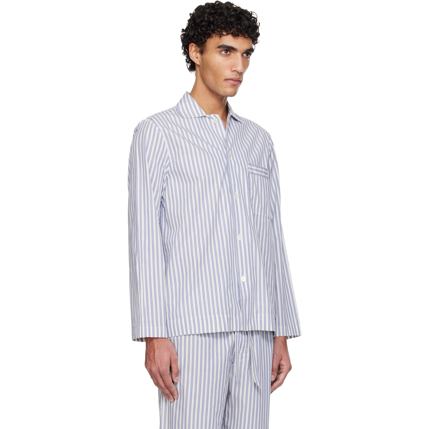 Tekla Blue & White Poplin Long-sleeved Pyjama Shirt 