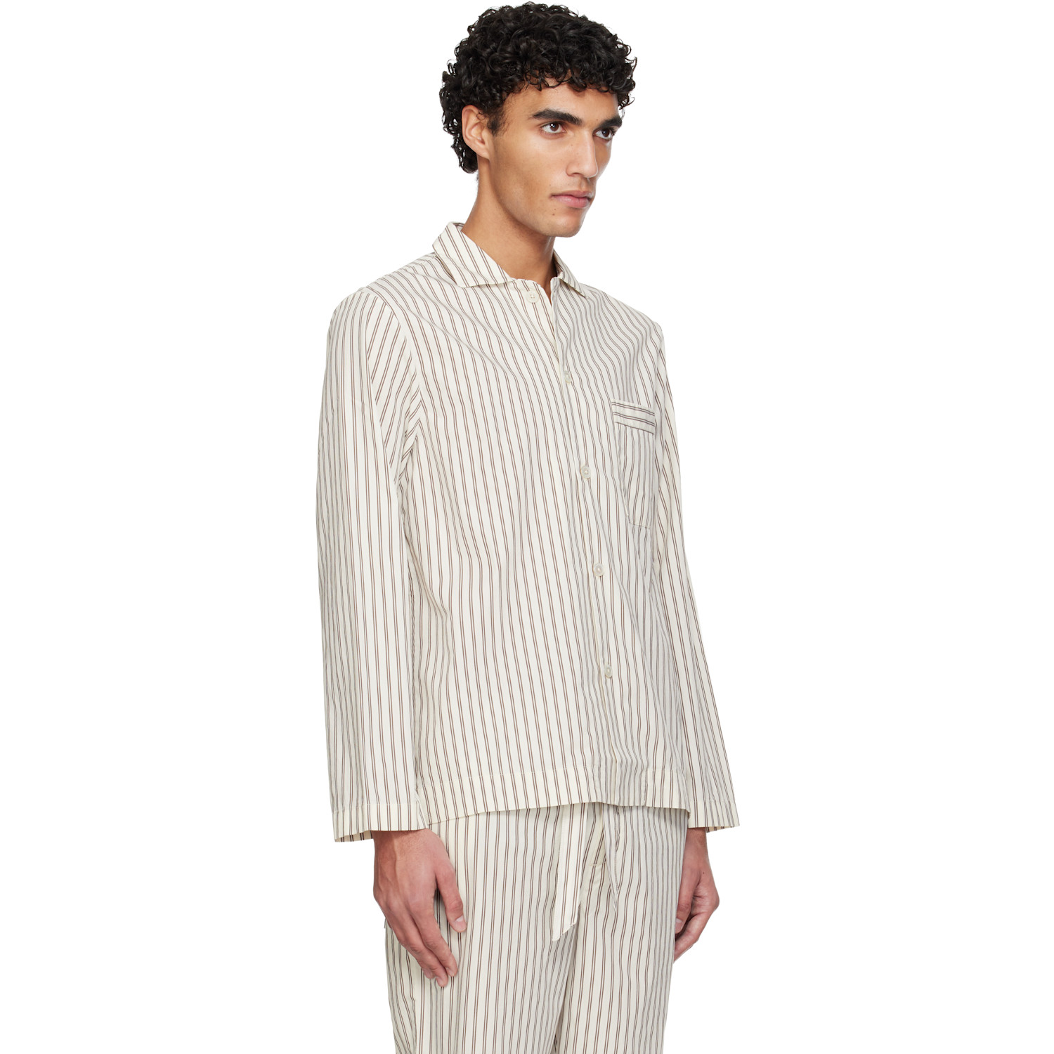  Tekla White & Brown Poplin Long-sleeved Pyjama Shirt 