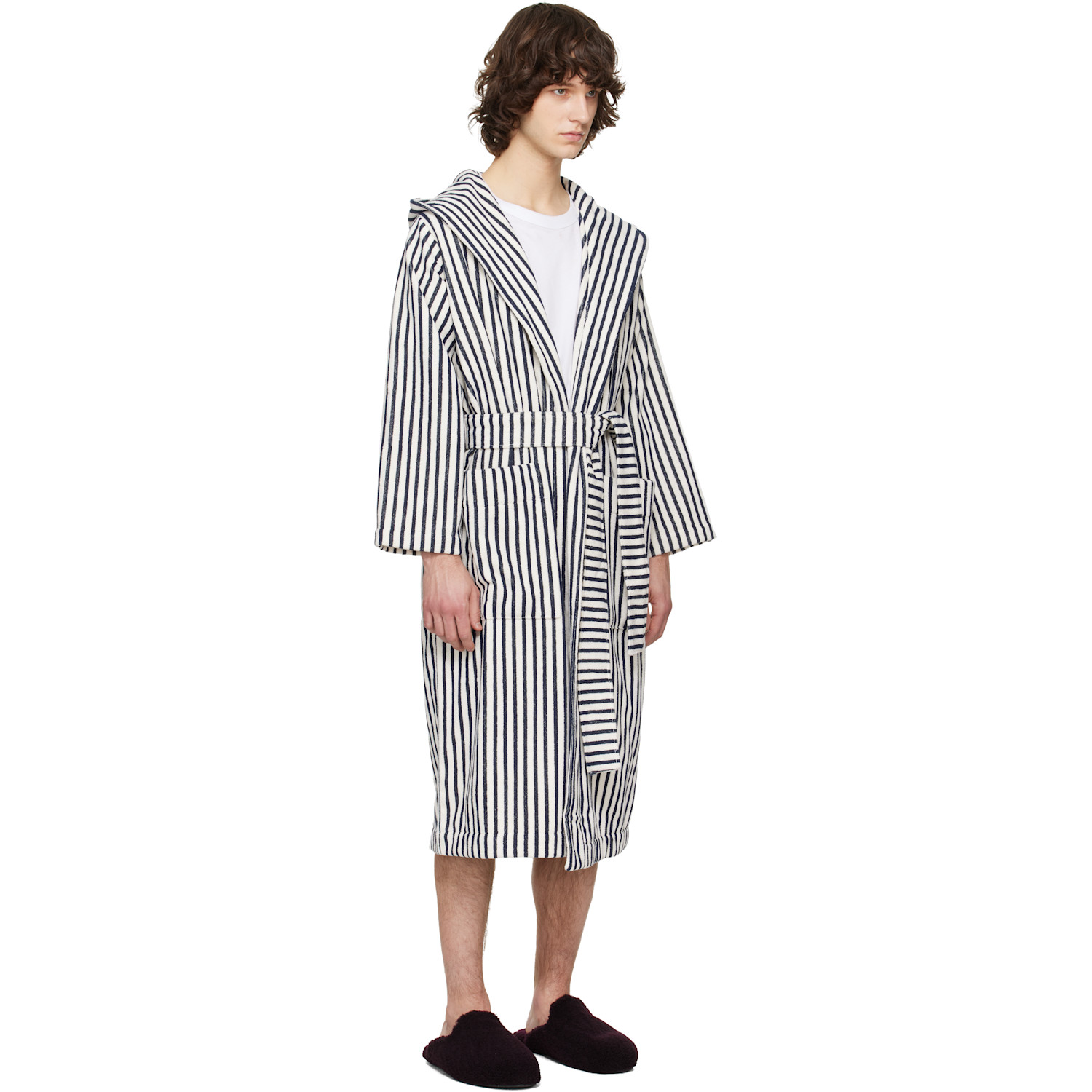  Tekla Off-white & Navy Terry Hooded Bathrobe 