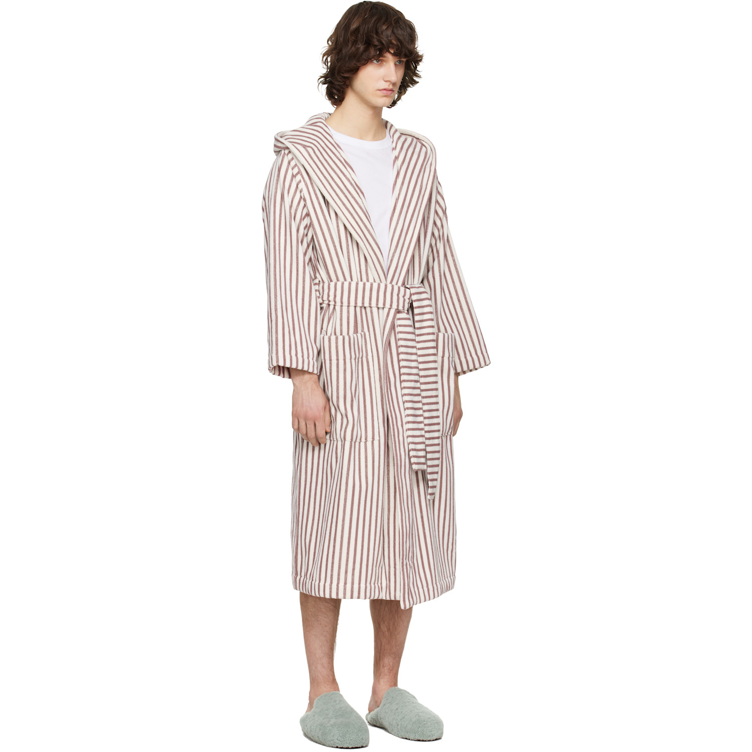  Tekla Off-white & Burgundy Terry Hooded Bathrobe 
