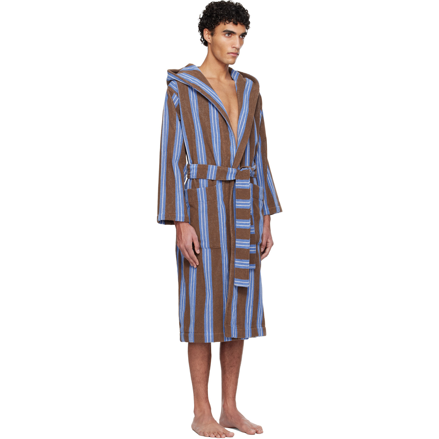  Tekla Brown & Blue Terry Hooded Bathrobe 