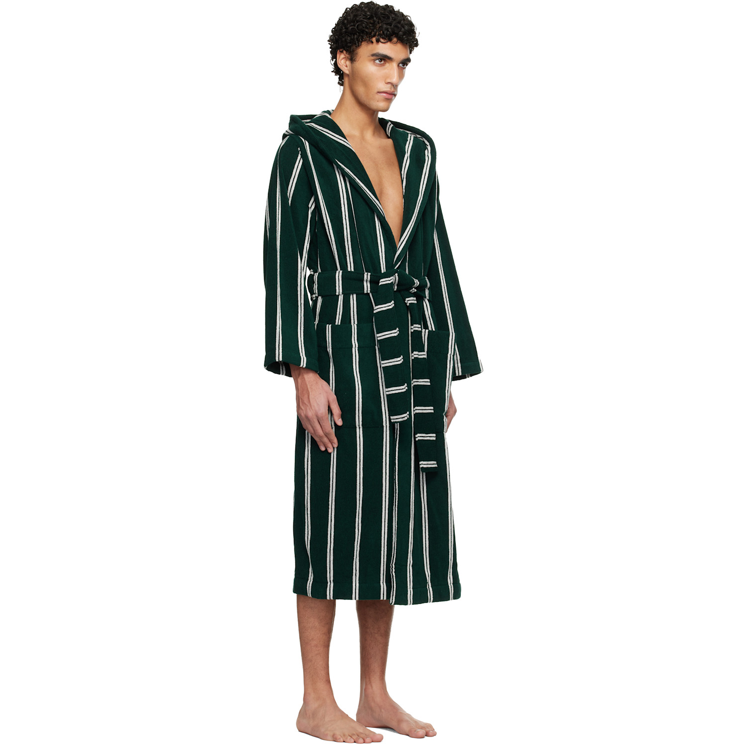  Tekla Green & White Terry Hooded Bathrobe 