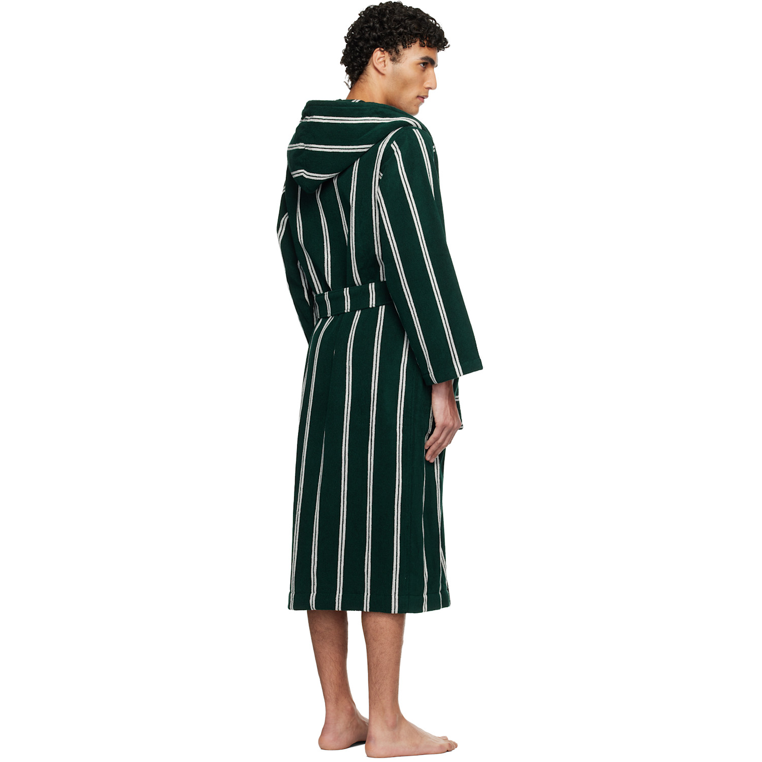  Tekla Green & White Terry Hooded Bathrobe 