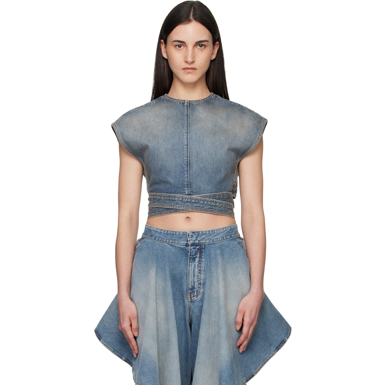 ALAÏA Blue Belted Denim Blouse