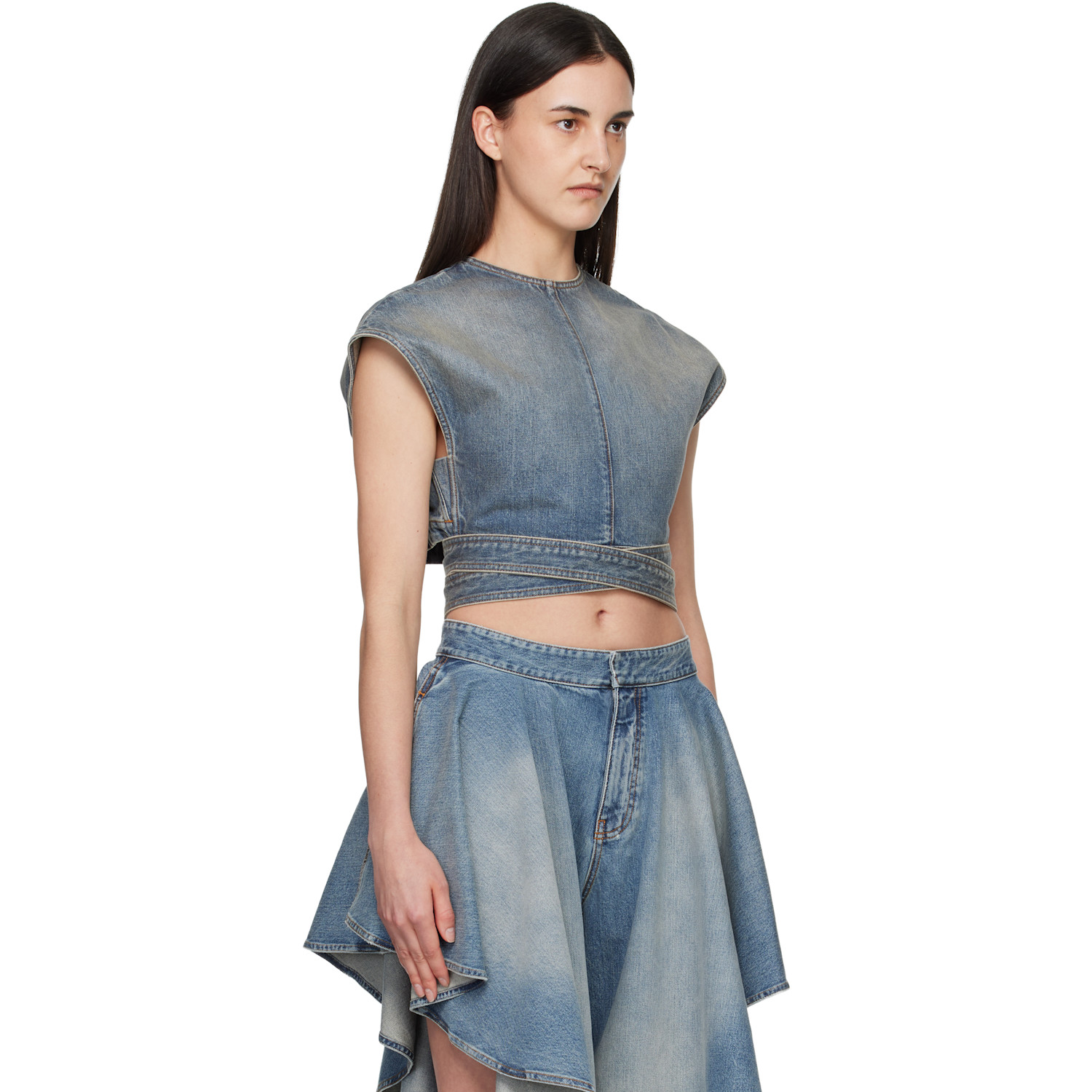  Alaïa Blue Belted Denim Blouse 