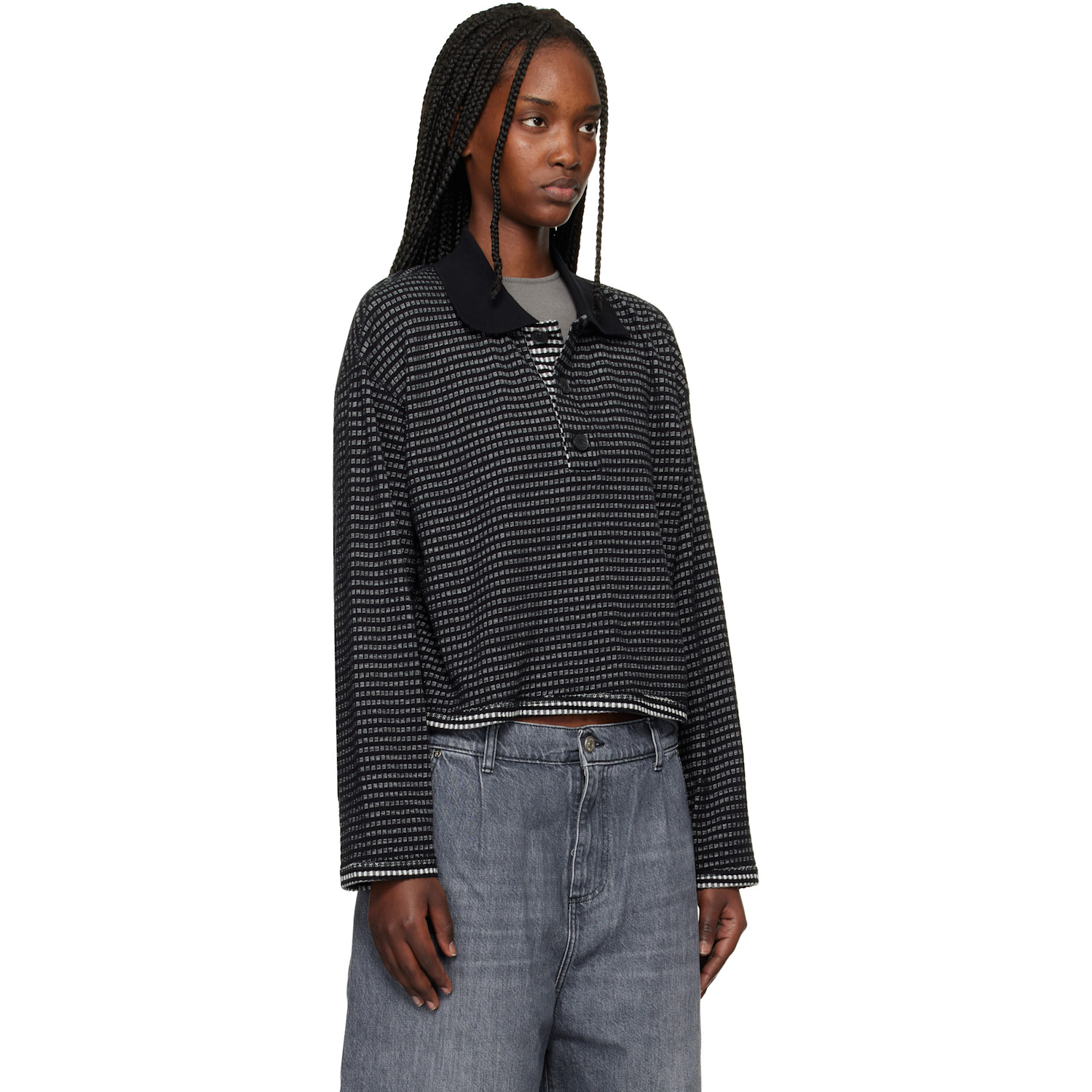  Mfpen Black Cropped Ls Polo 