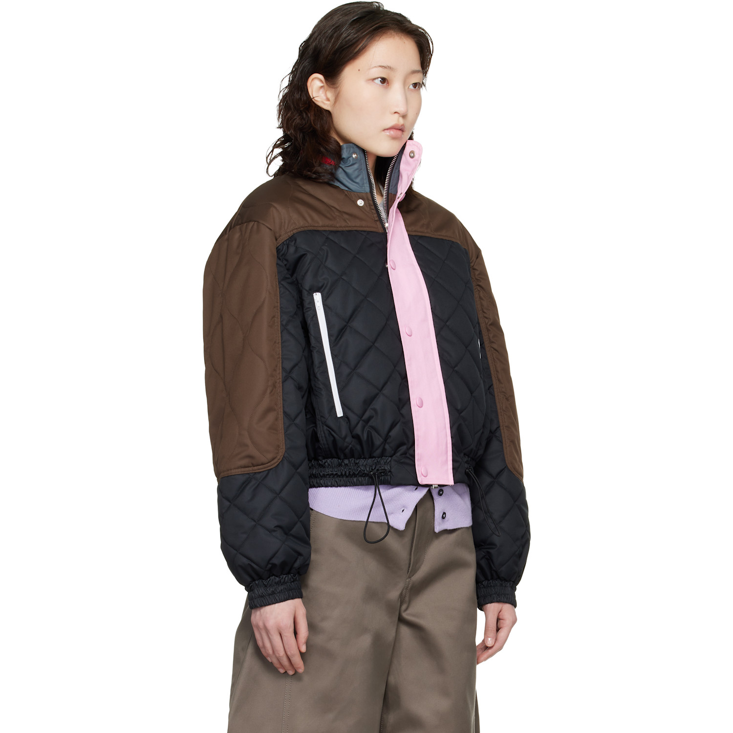  Meryll Rogge Black & Brown Quilted Track Bomber Jacket 