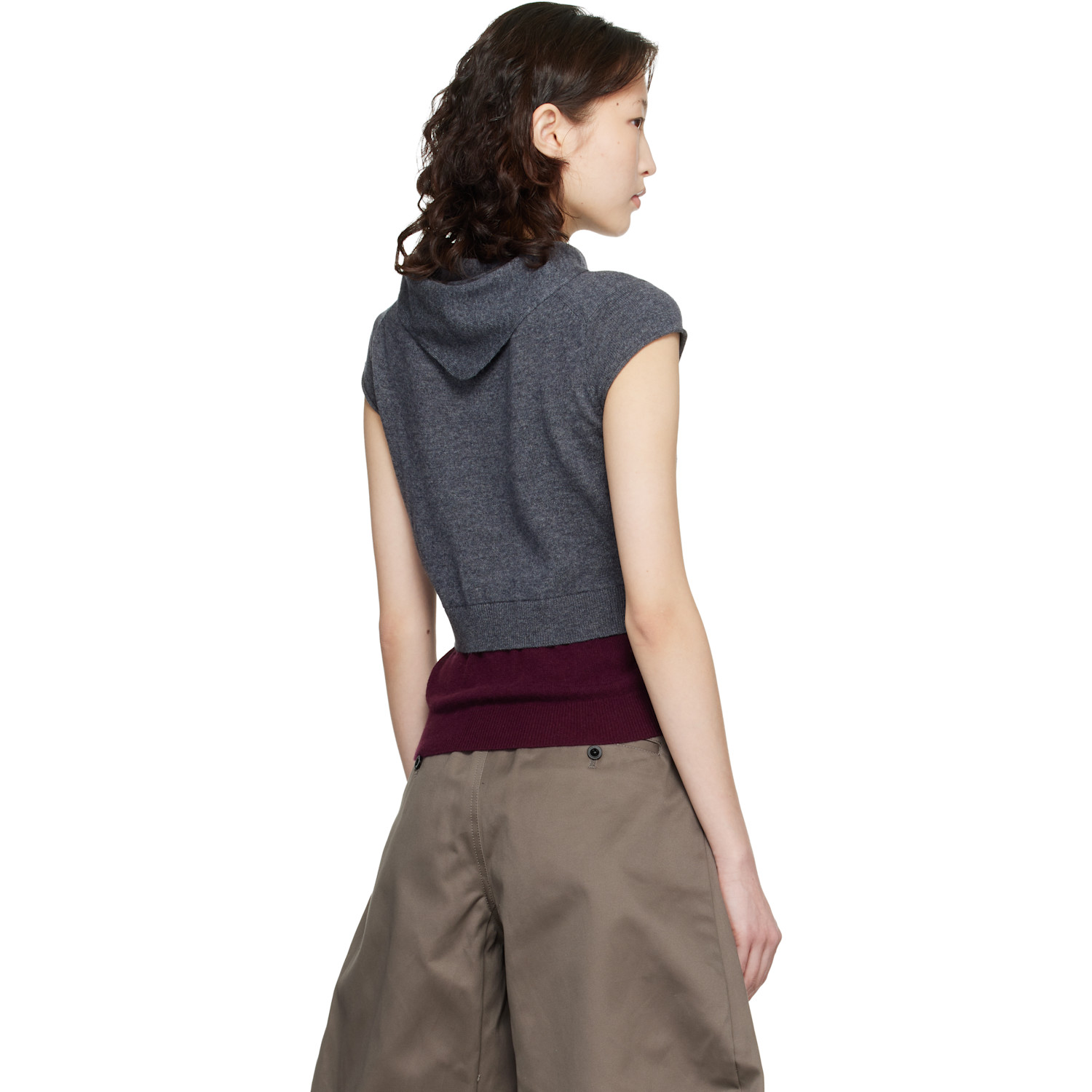  Meryll Rogge Gray & Burgundy Crew Neck Cap Sleeve Bandana Sweater 