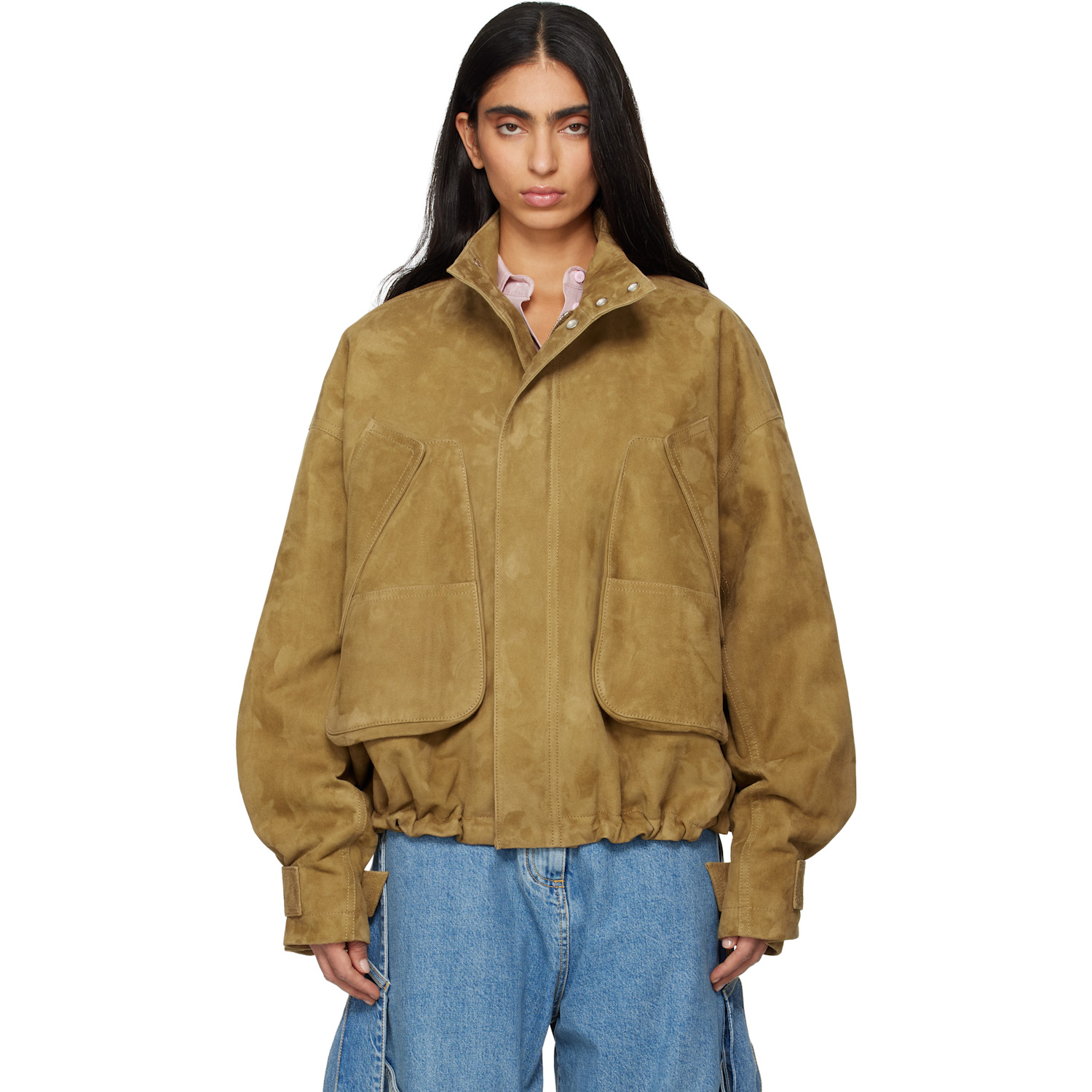 The Attico Tan Suede Bomber Jacket