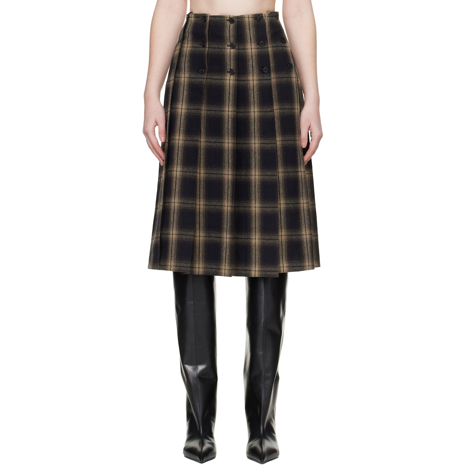 The Attico Brown Brushed Check Midi Skirt