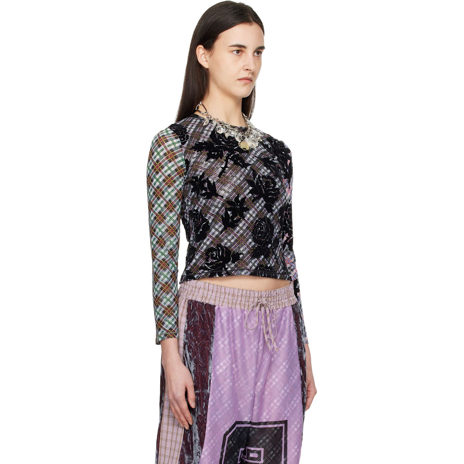  Chopova Lowena Multicolor Picnic Plaid Flocked Mesh Top 