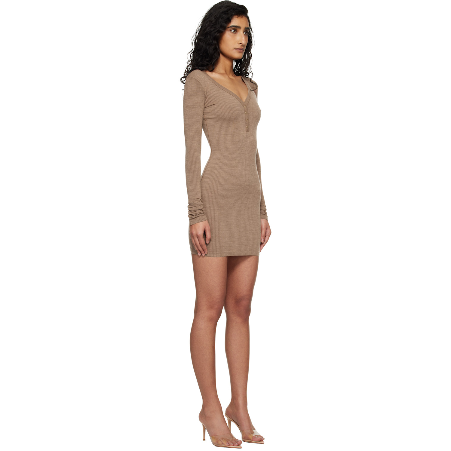  Skims Brown Wool Rib Henley Minidress 