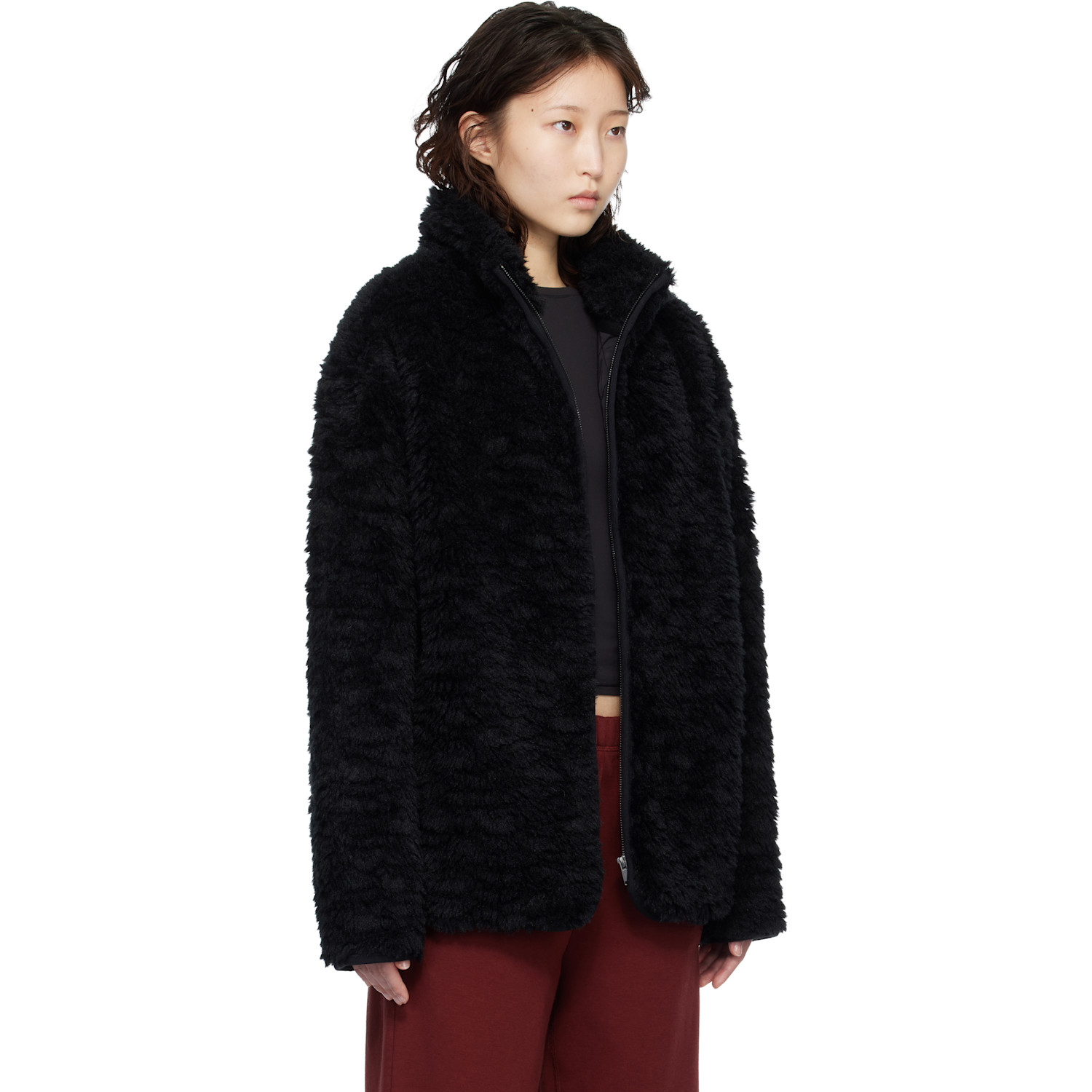  Skims Black Faux Fur Oversized Mock Neck Jacket 