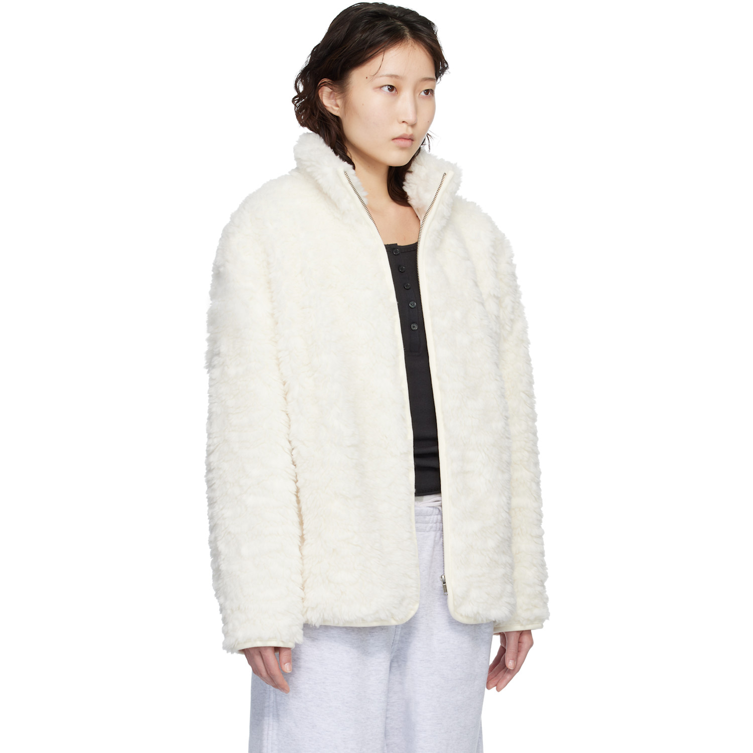  Skims White Faux Fur Oversized Mock Neck Jacket 