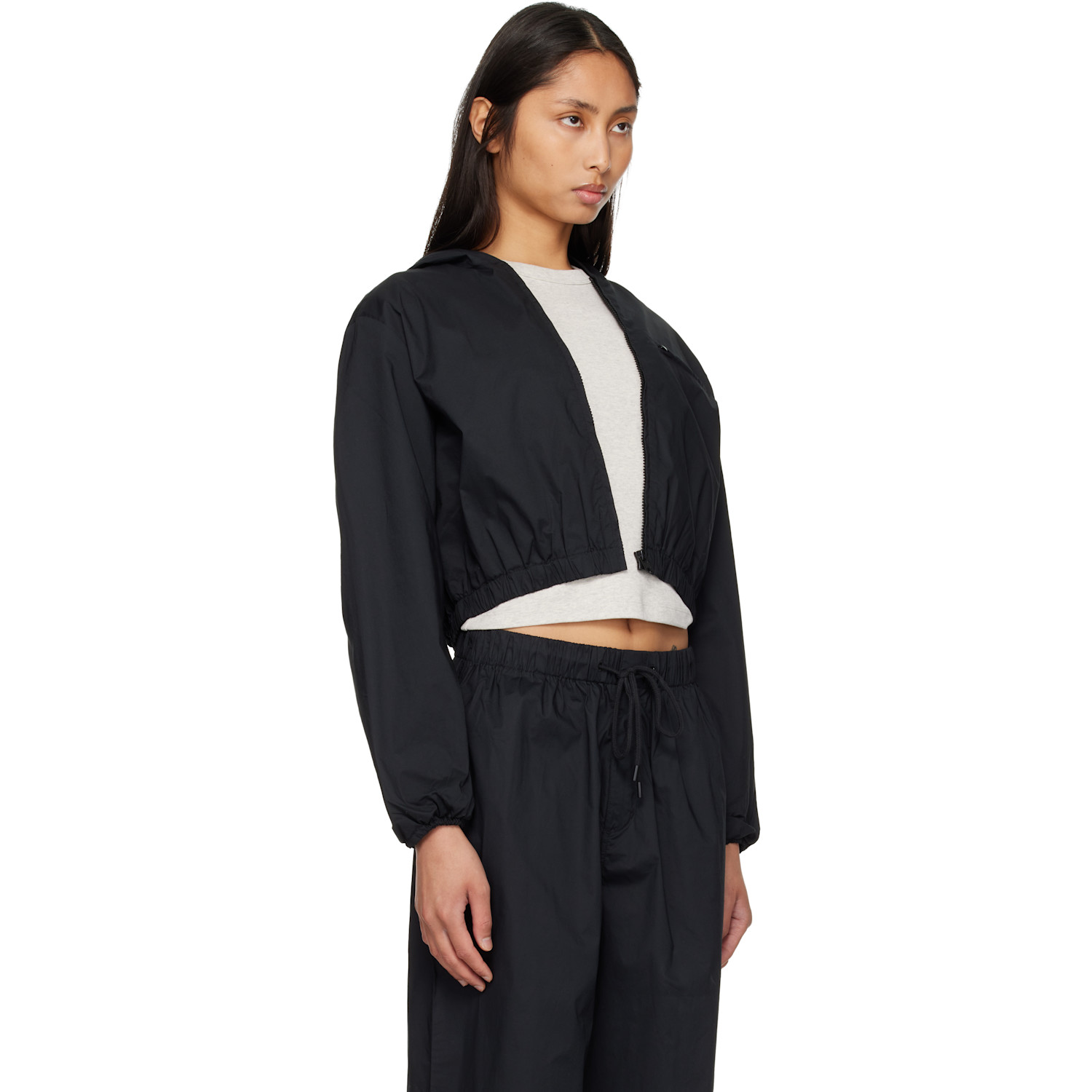  Skims Black Woven Cotton Cropped Zip Up Jacket 