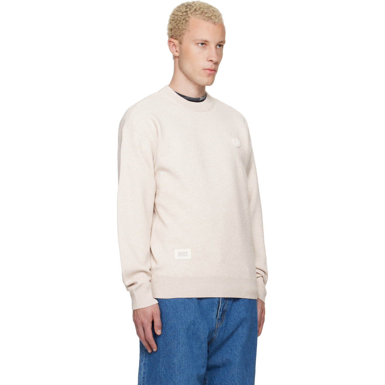  Aape By A Bathing Ape Beige 'aapenow' Moonface Crew Neck Sweater 