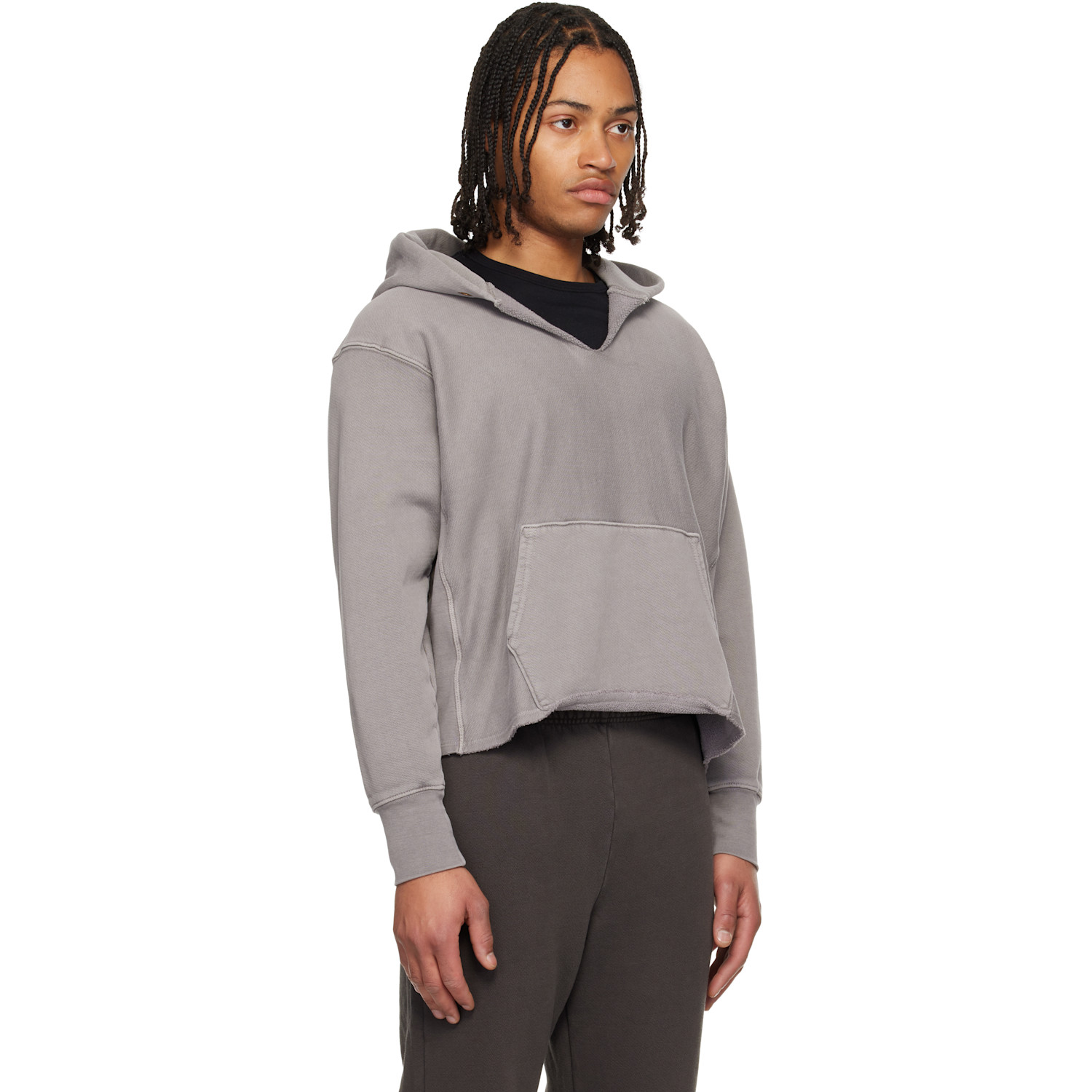  Les Tien Gray Heavyweight Raw Cropped Hoodie 