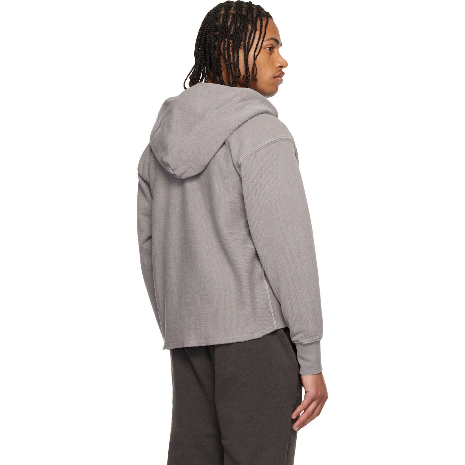  Les Tien Gray Heavyweight Raw Cropped Hoodie 