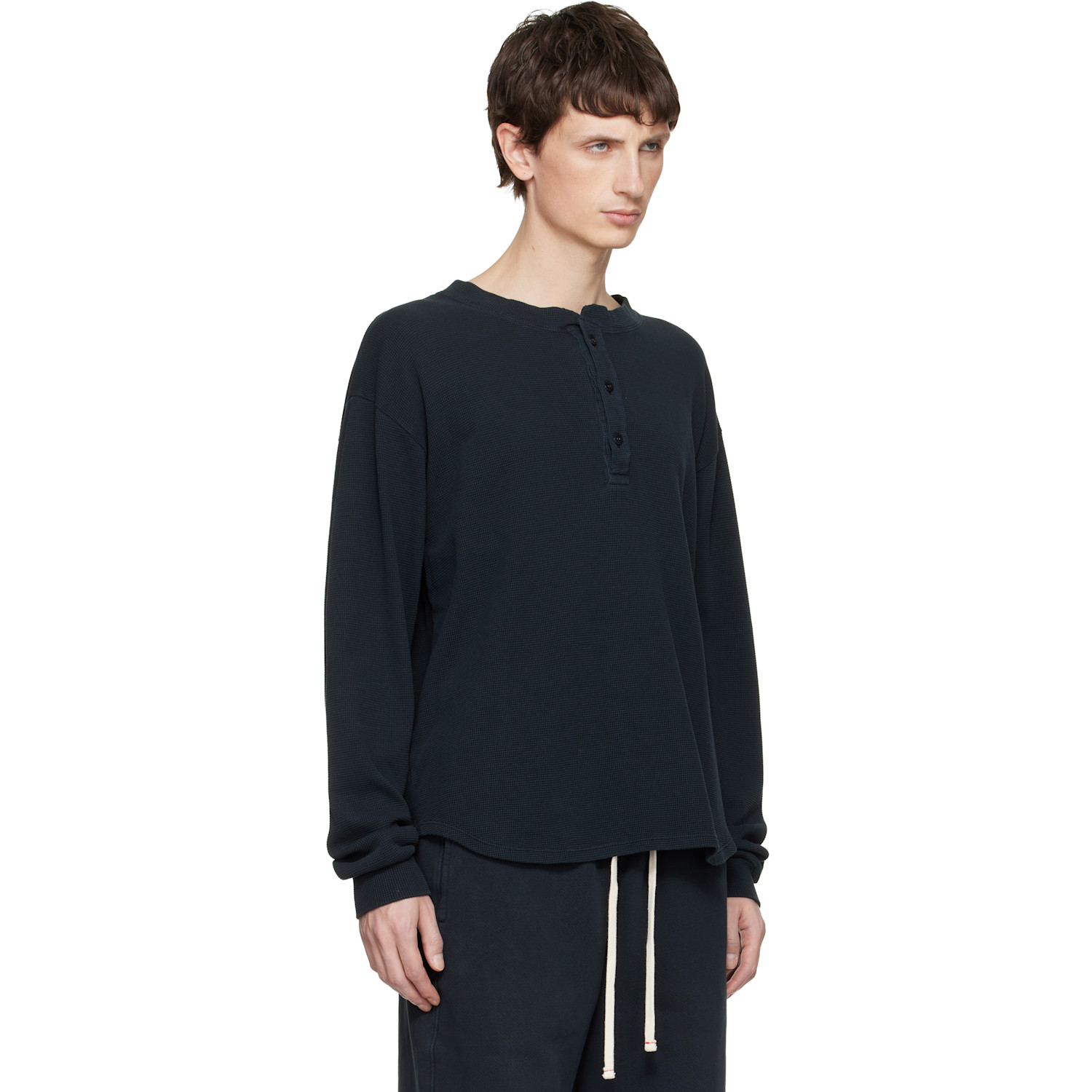  Les Tien Navy Baseball Hem Henley 