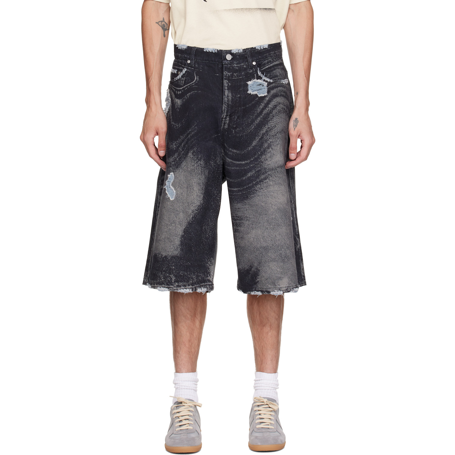 CAMPERLAB Black Distorted Print Distressed Denim Shorts