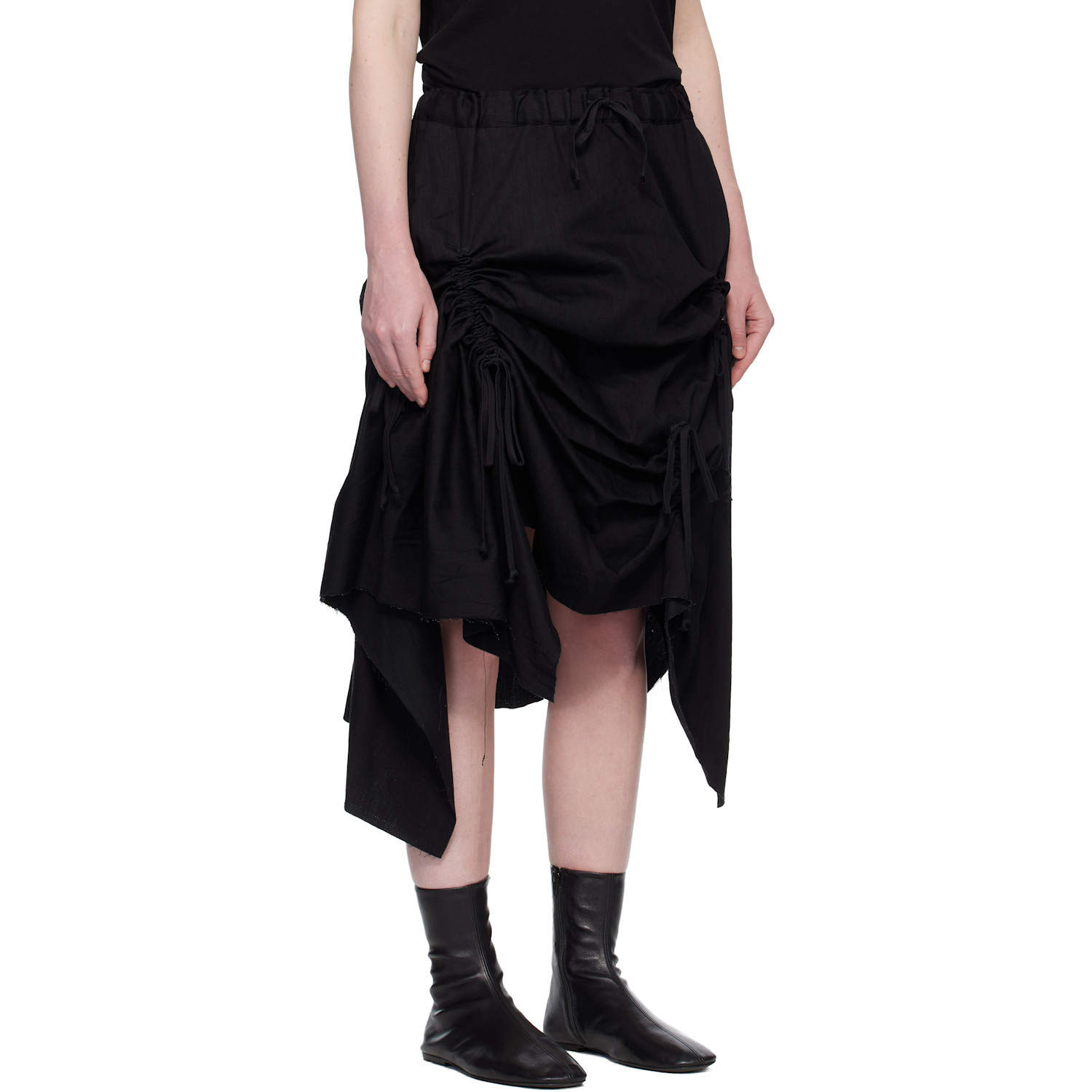  Yohji Yamamoto Black Gathered Denim Midi Skirt 