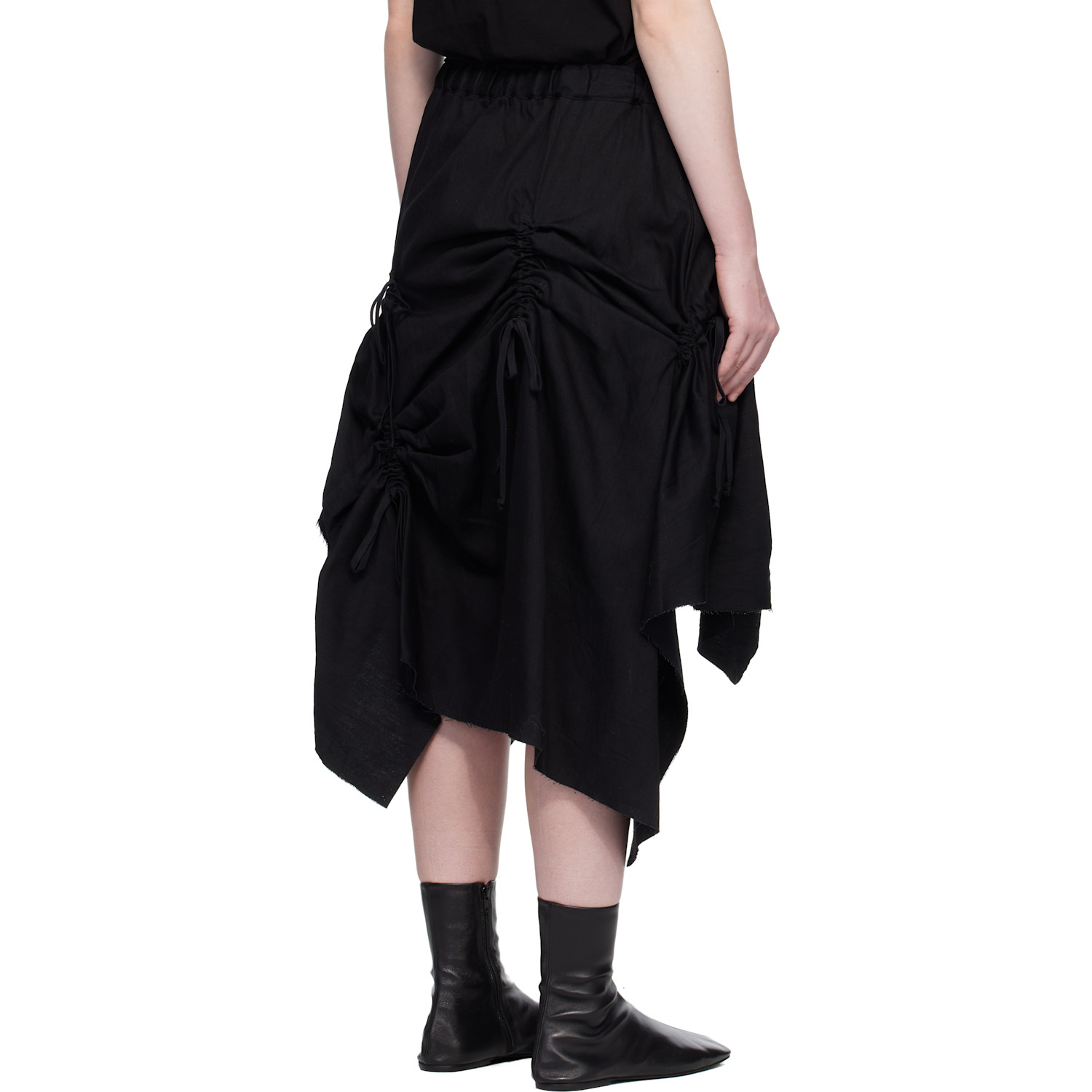  Yohji Yamamoto Black Gathered Denim Midi Skirt 