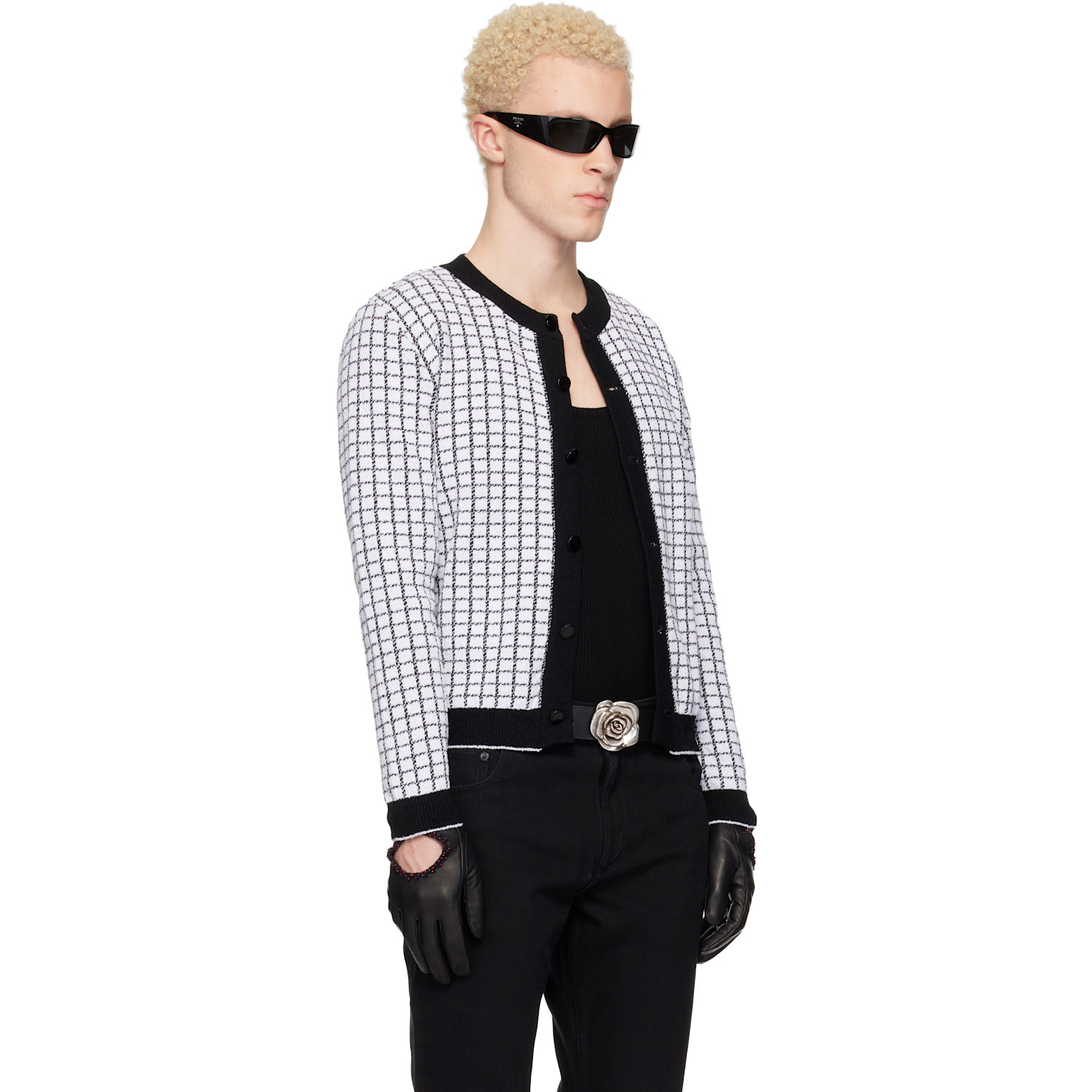  Ernest W. Baker White & Black Check Boucle Cardigan 