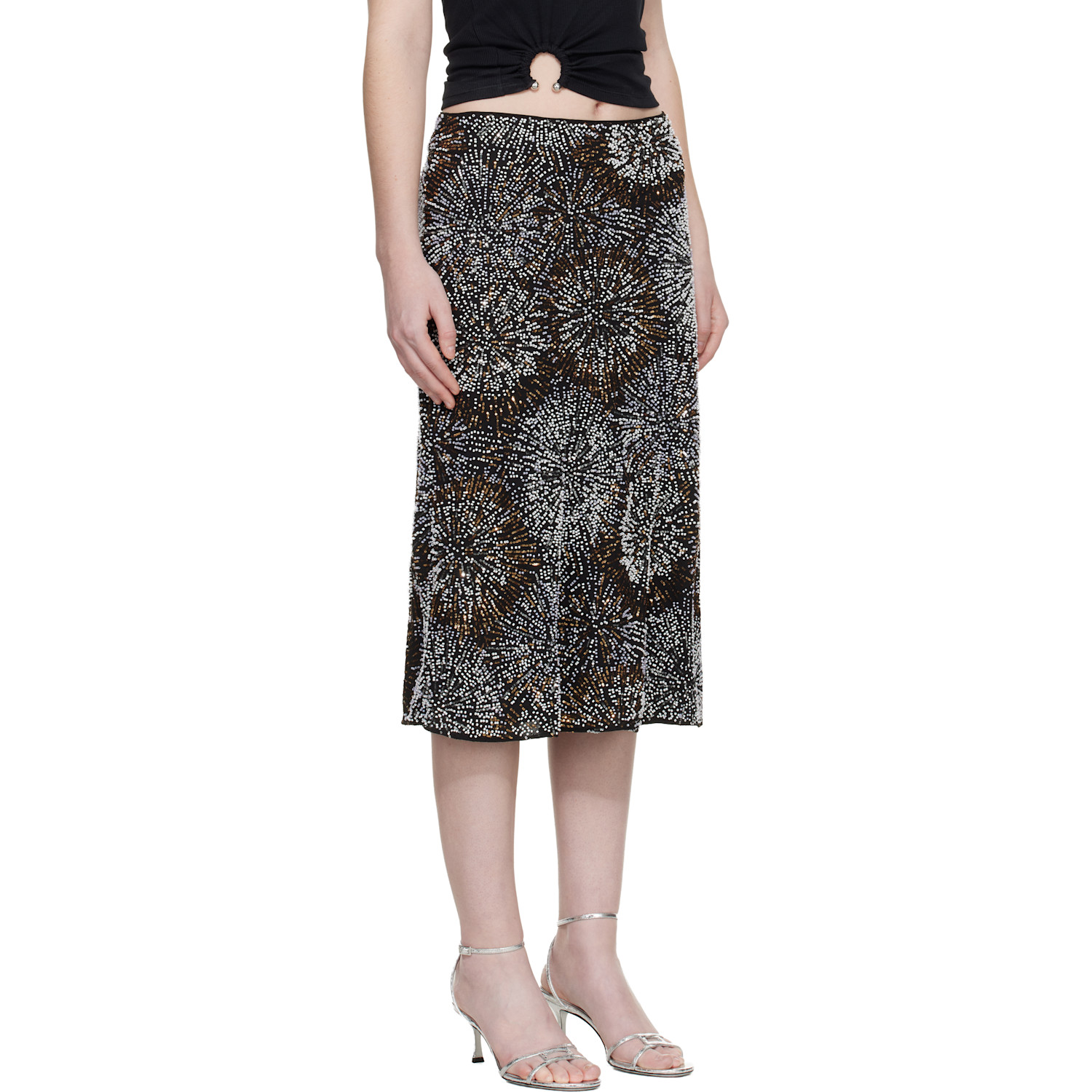  Rabanne Black Pearl Crepe Midi Skirt 
