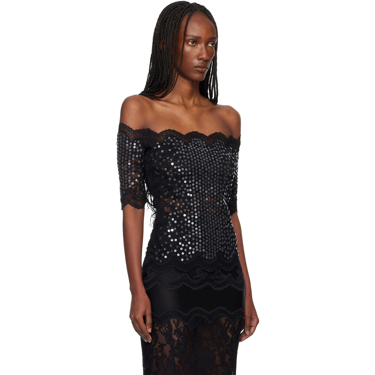  Rabanne Black Off The Shoulder Lace Top 