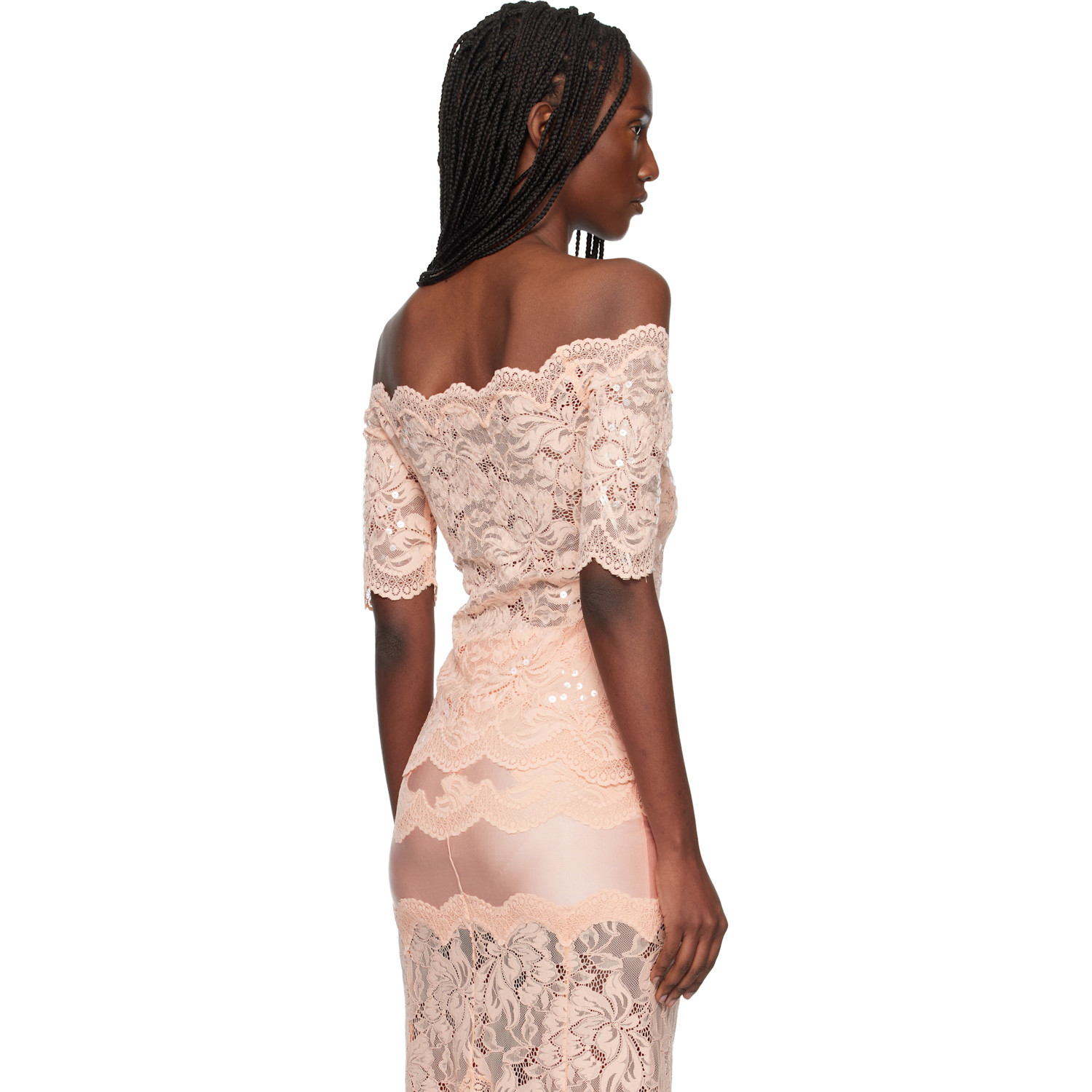  Rabanne Pink Off The Shoulder Lace Top 