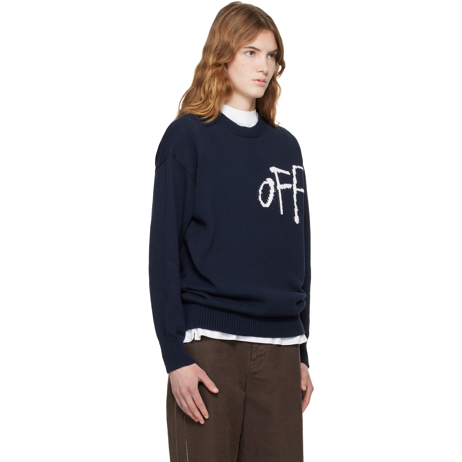  Off-white Navy Bookish Shared Cotton Knit Crewneck Sweater 