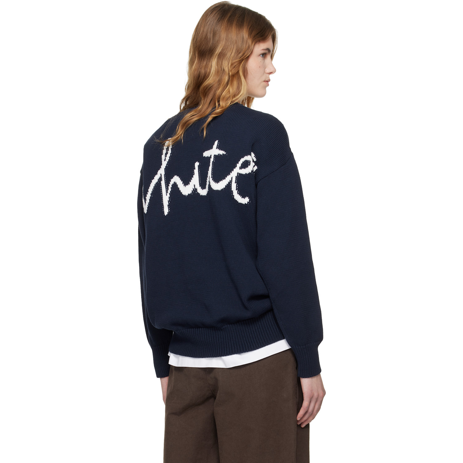  Off-white Navy Bookish Shared Cotton Knit Crewneck Sweater 