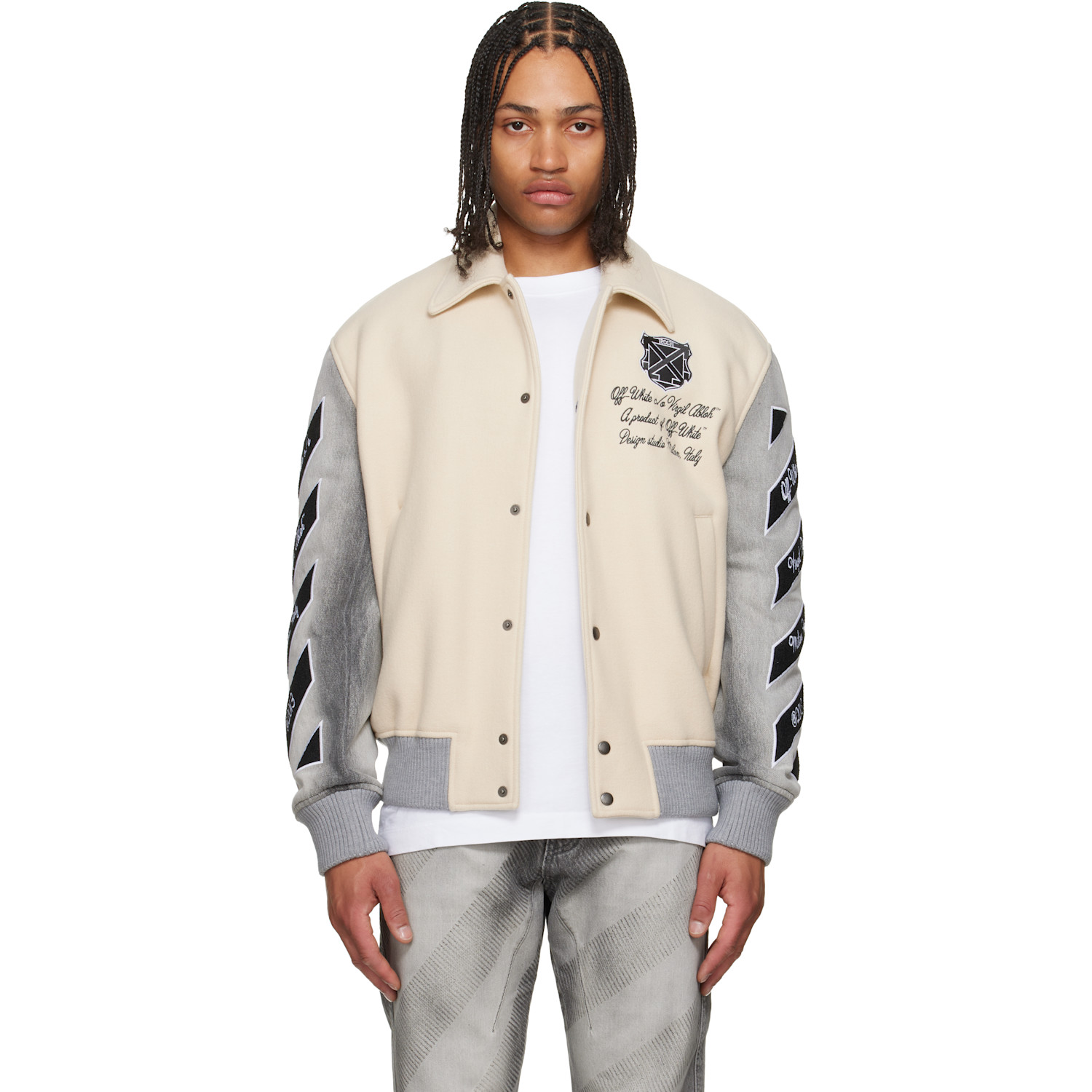 Off-White Off-White & Gray Wool Denim Relaxed Varsity Jacket