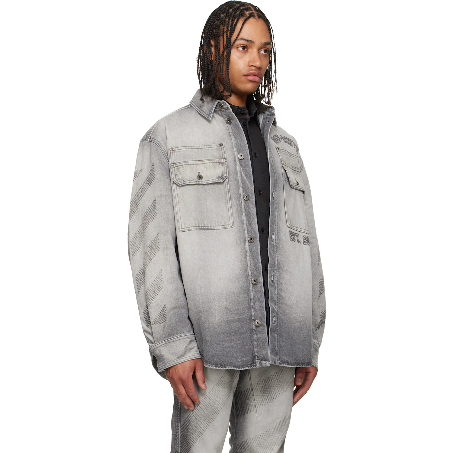  Off-white Gray Diagonal Embroidered Denim Military Overshirt 