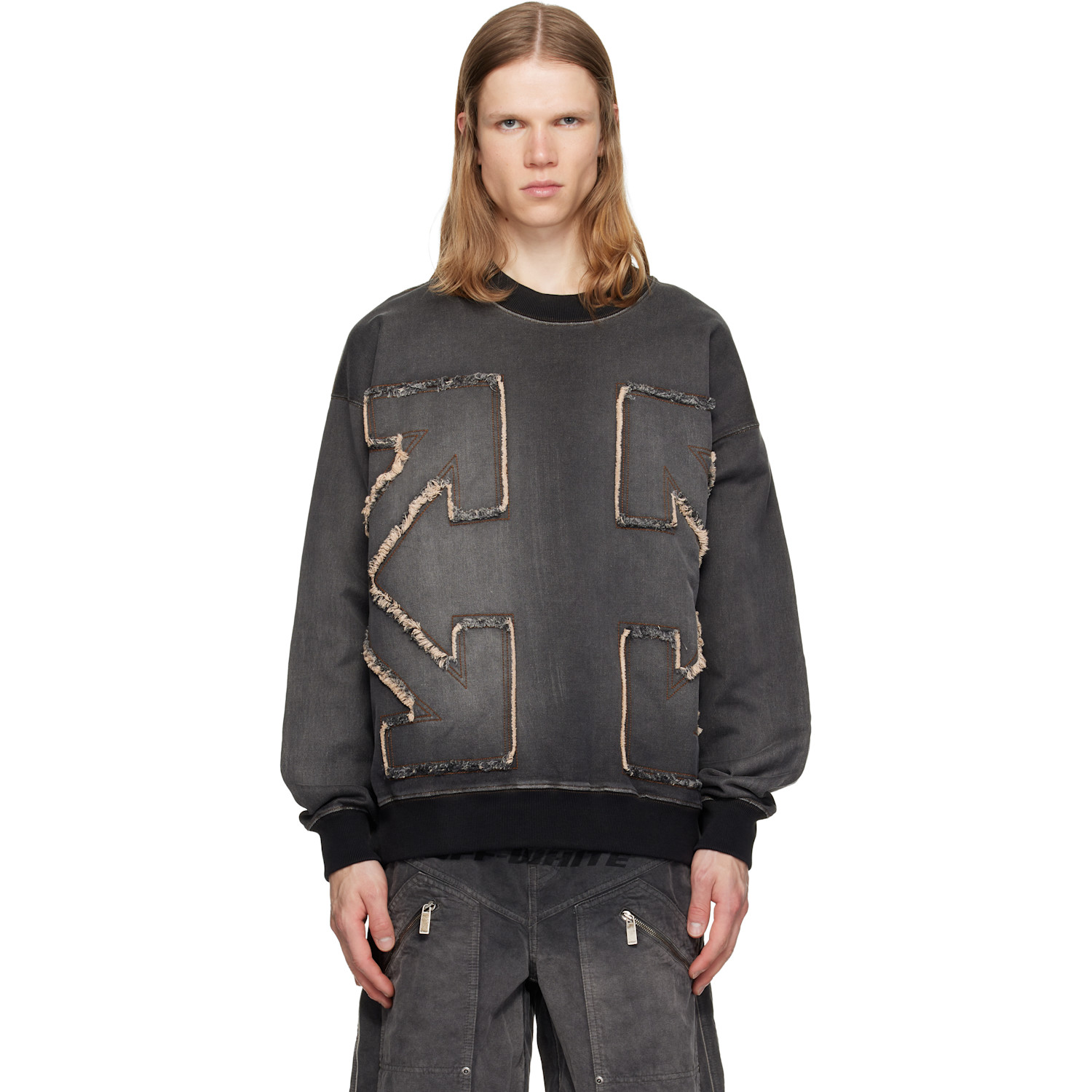 Off-White Gray Distress Arr Skate Crewneck Highlighted Sweatshirt