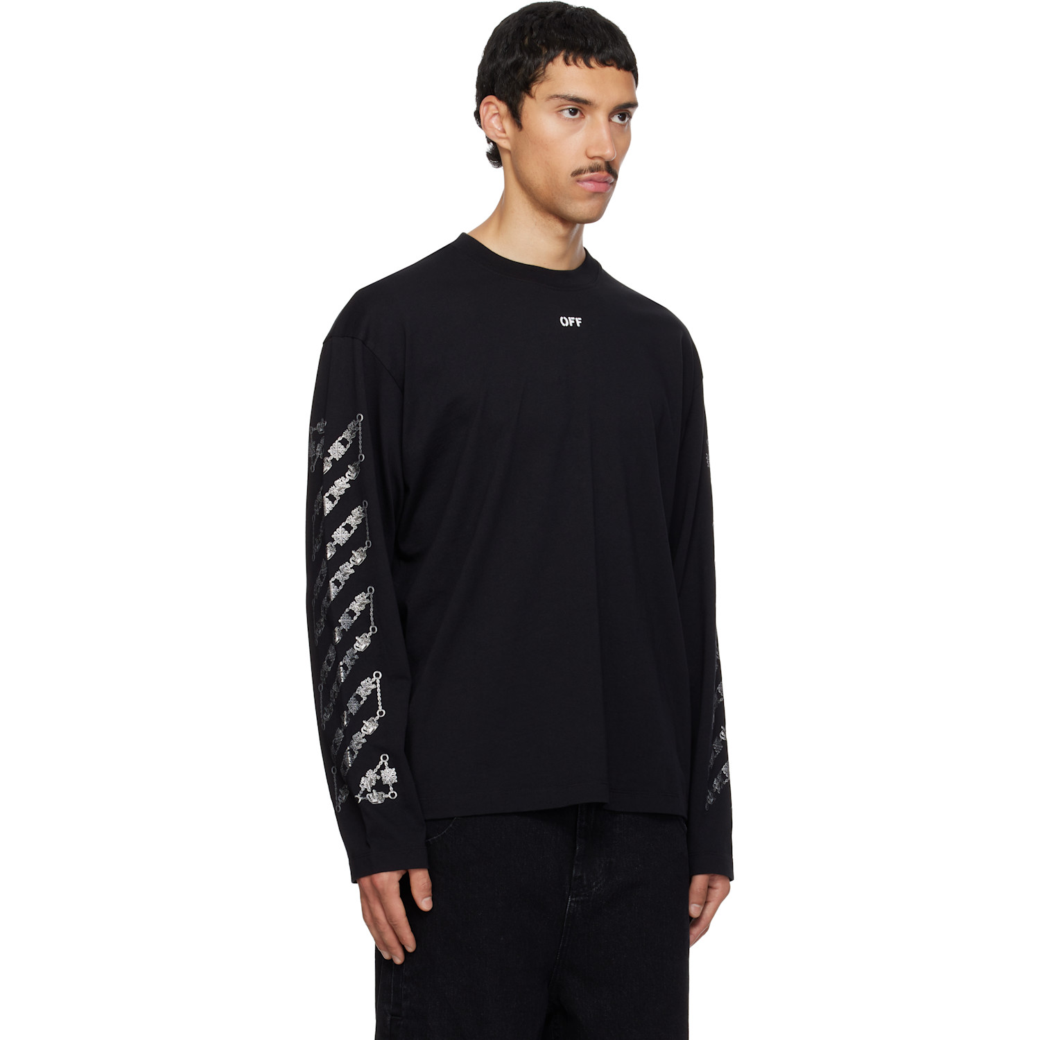  Off-white Black Chain Arrow Diagonal Skate Long Sleeve T-shirt 