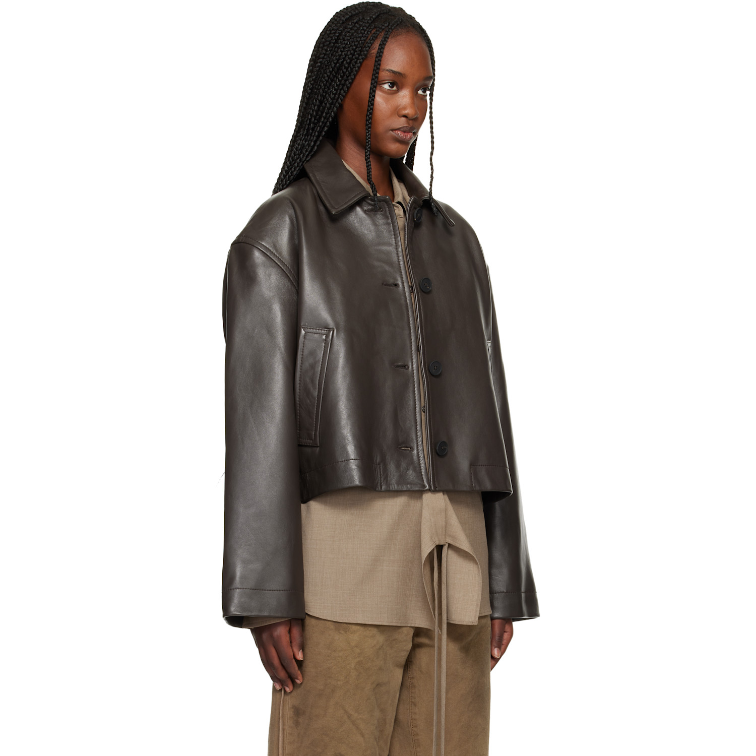  Studio Nicholson Brown Button Through Cropped Leather Jacket 