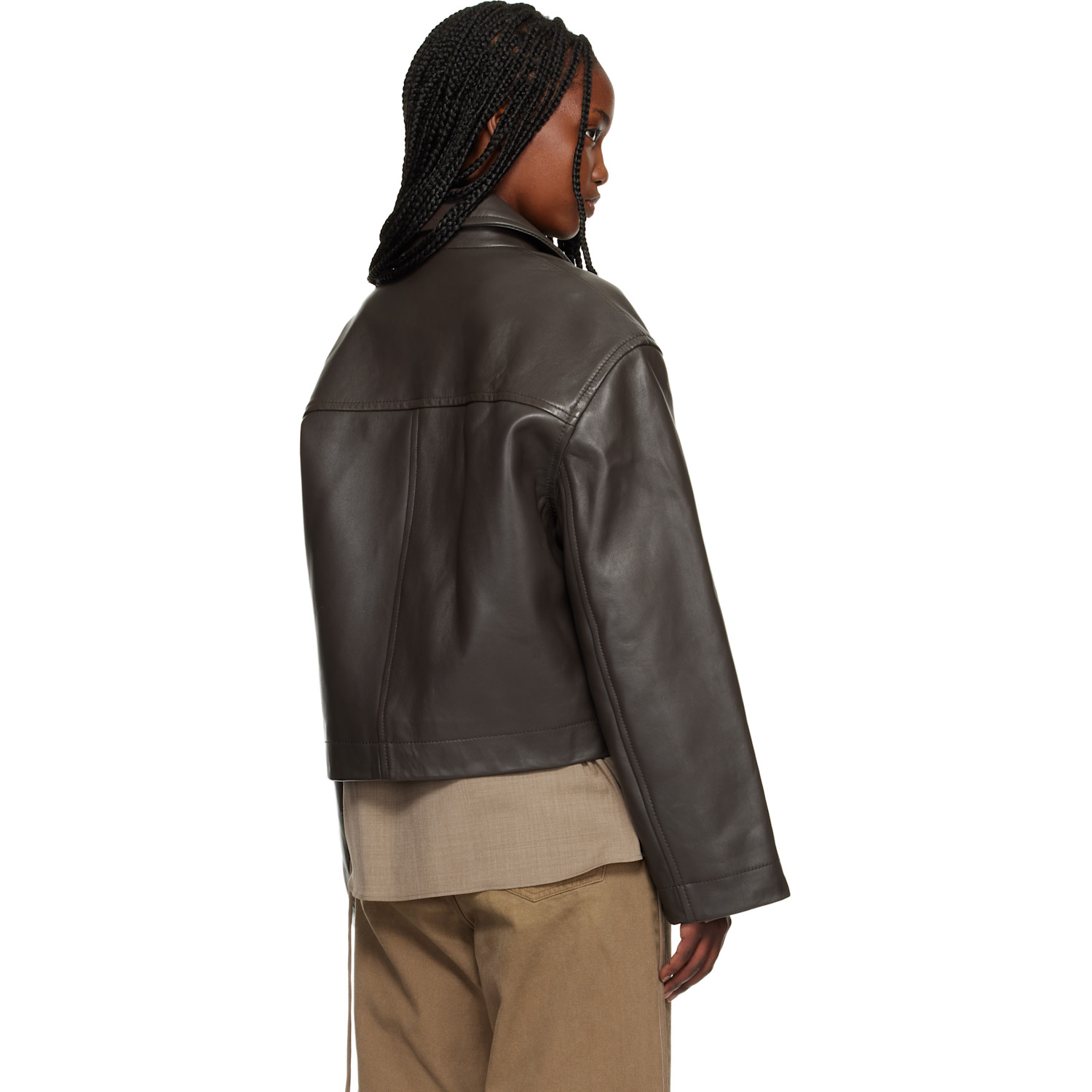  Studio Nicholson Brown Button Through Cropped Leather Jacket 