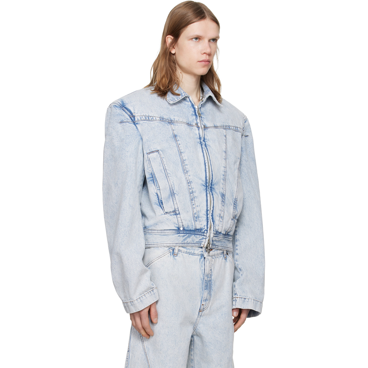  Lgn Louis Gabriel Nouchi Blue Wide-shoulder Zipped Denim Jacket 