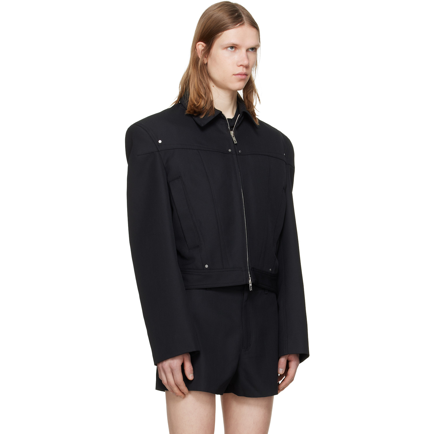  Lgn Louis Gabriel Nouchi Black Shoulder Padding Wool Zipped Jacket 