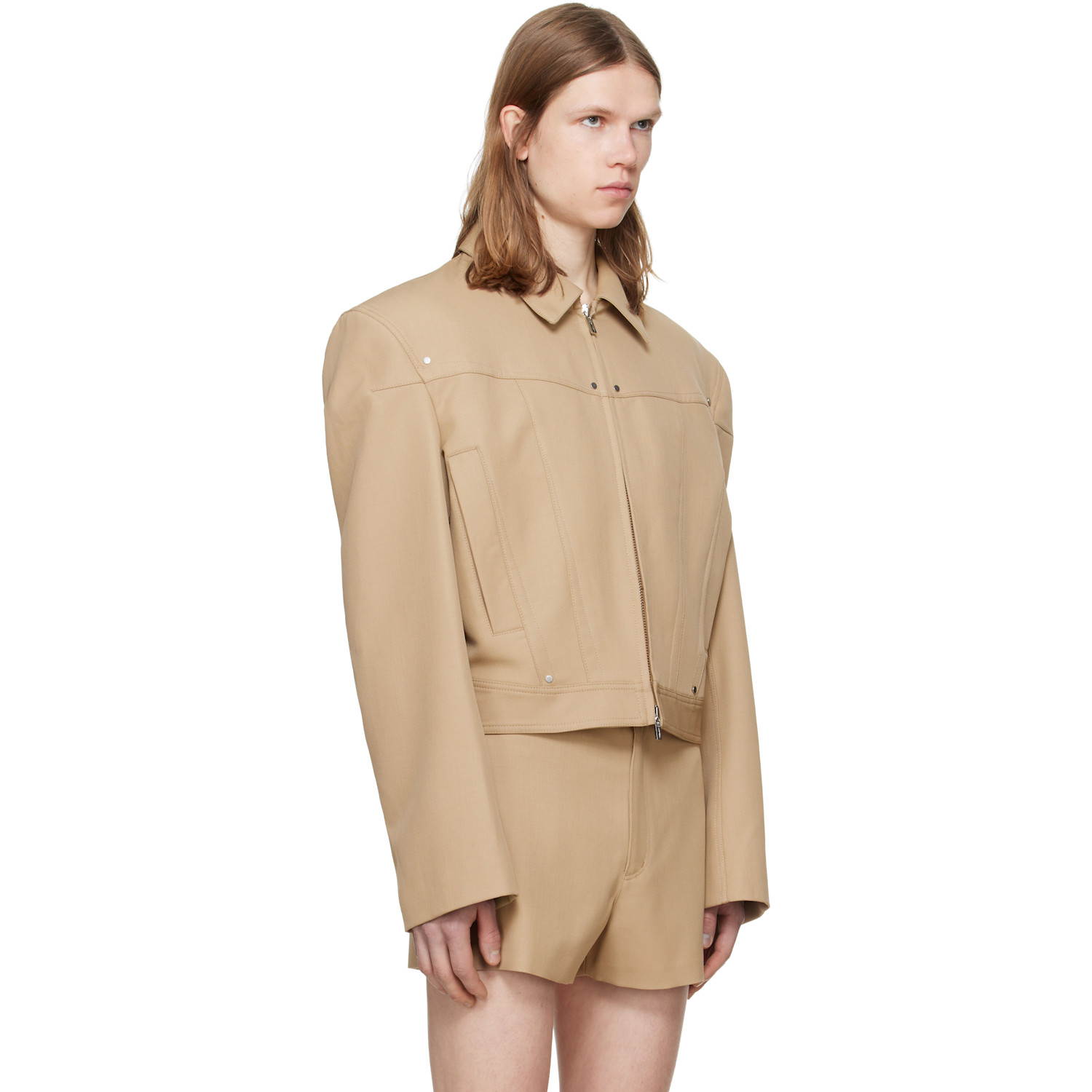  Lgn Louis Gabriel Nouchi Beige Shoulder Padding Wool Zipped Jacket 
