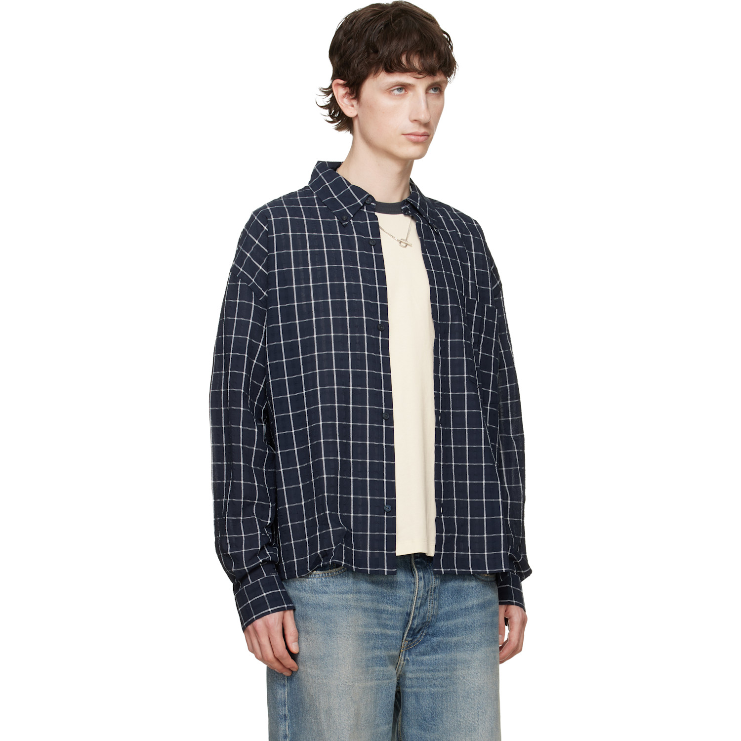  Won Hundred Navy Maza Check Shirt 