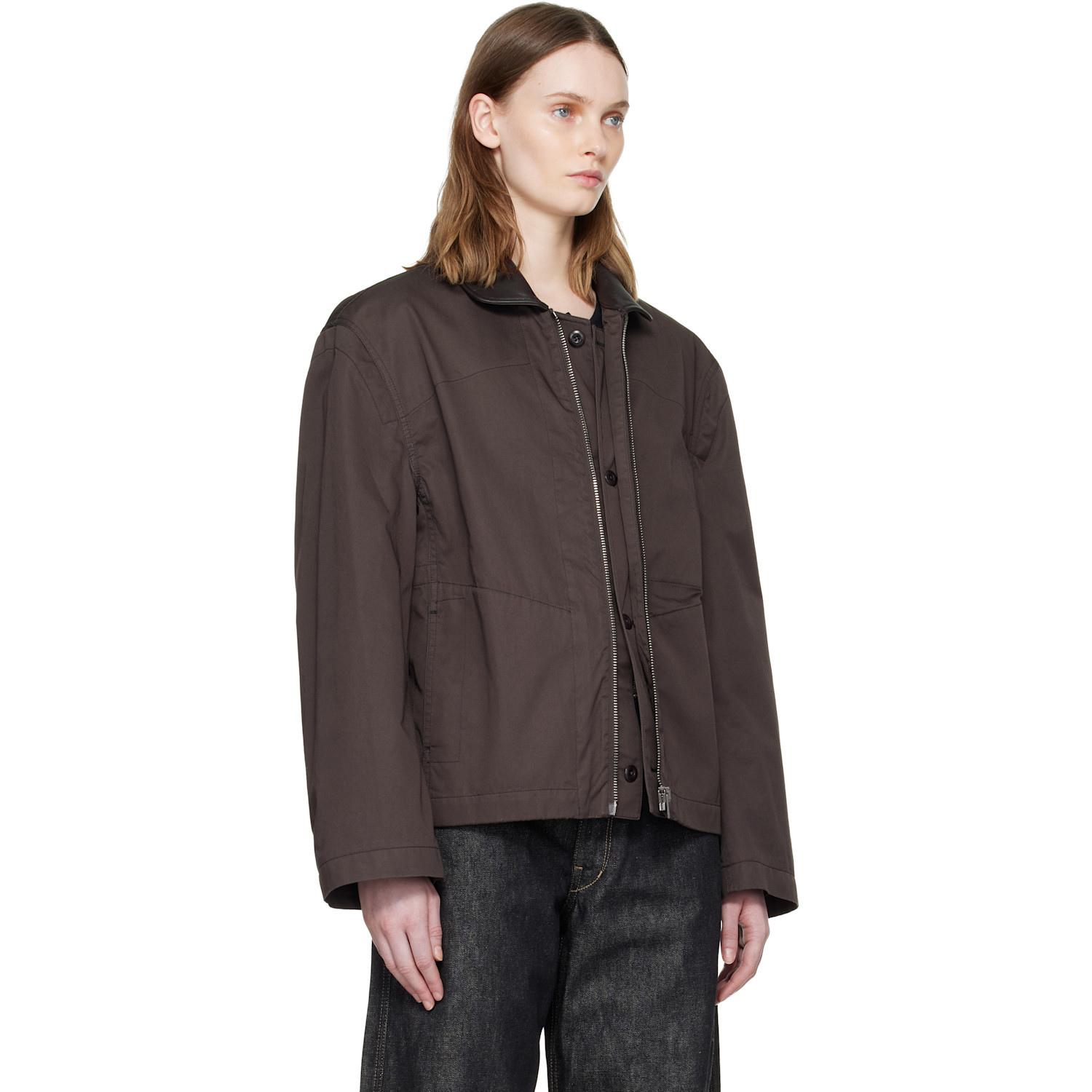  Lemaire Brown Leather Collar Cotton Twill Blouson Jacket 