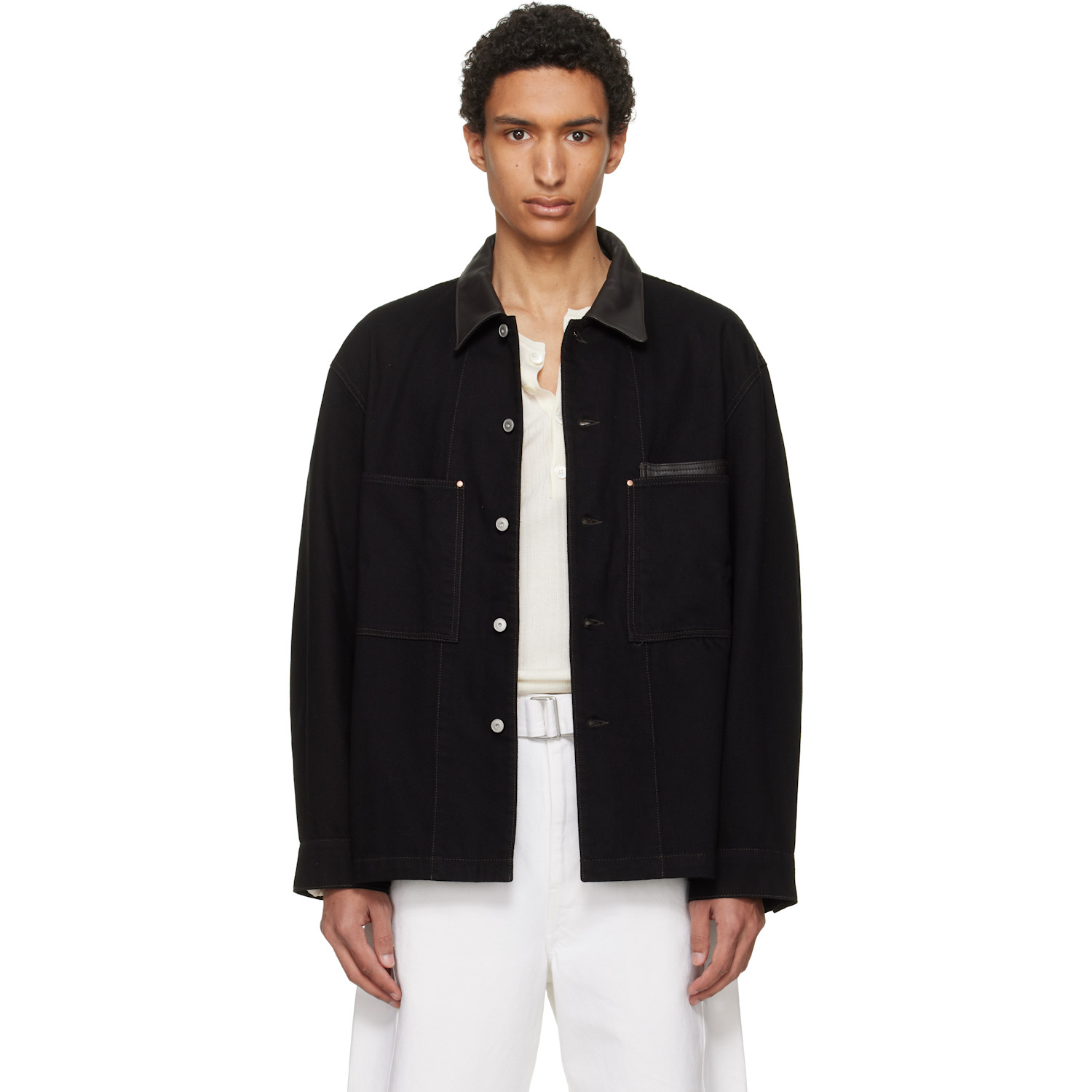 LEMAIRE Black Workwear Leather Collar Denim Overshirt